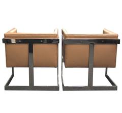 Pair of Milo Baughman "Cube" Chairs with Chromed Metal "T" Back