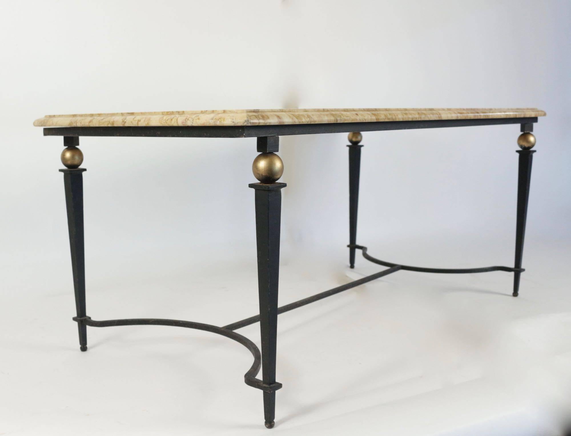 French 1940s Wrought Iron and Marble Golden Balls Low Table