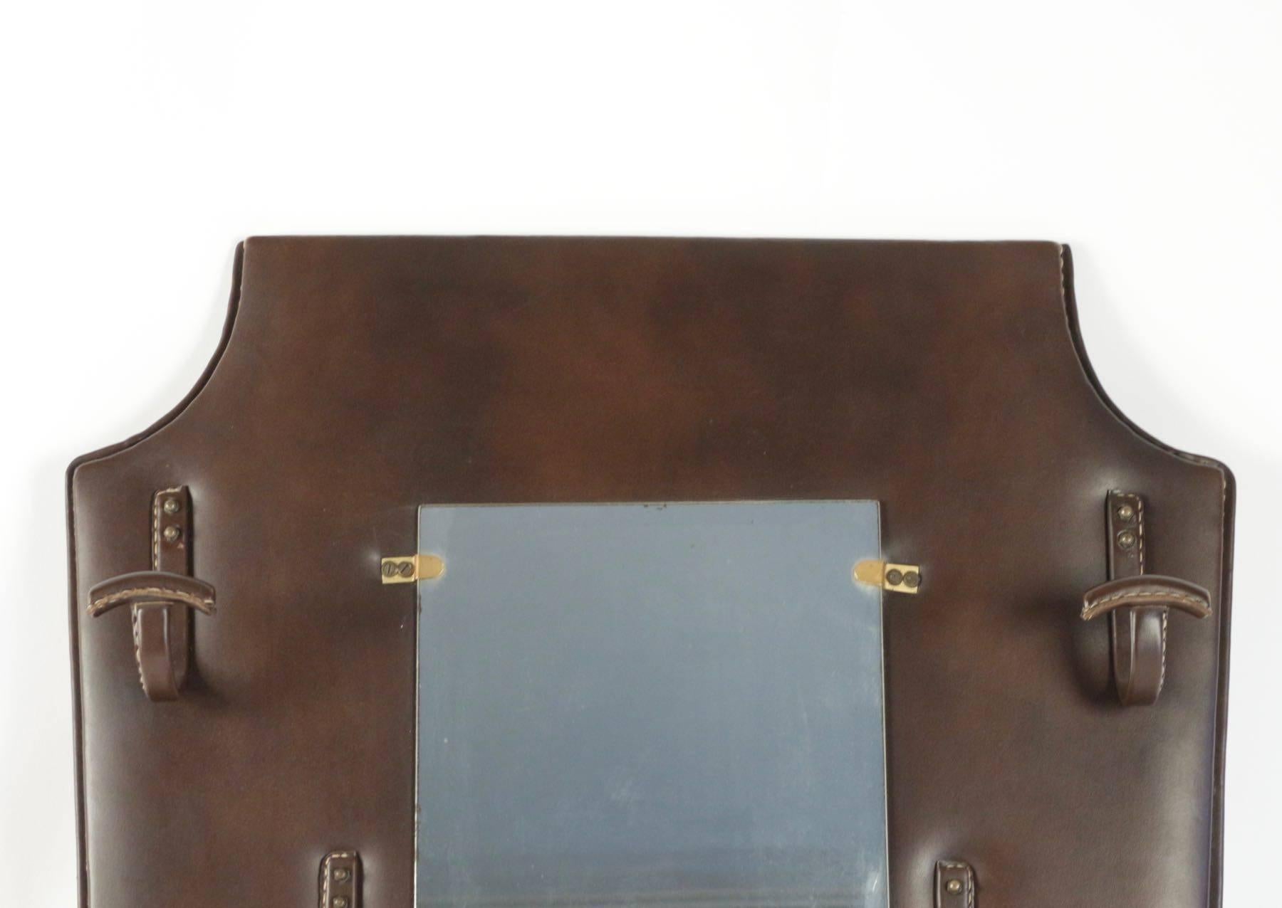 Jacques Adnet 1950s Brown Mirror Coat Rack In Good Condition For Sale In Saint-Ouen, FR