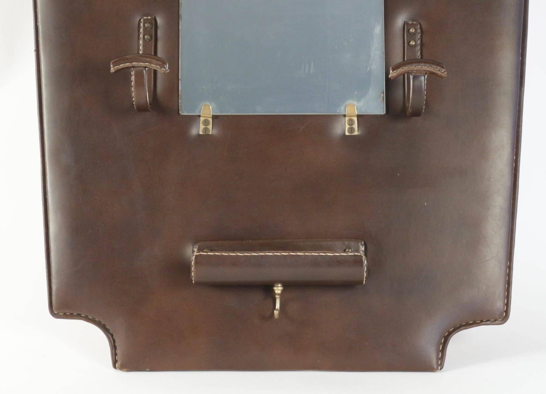 Mid-20th Century Jacques Adnet 1950s Brown Mirror Coat Rack For Sale