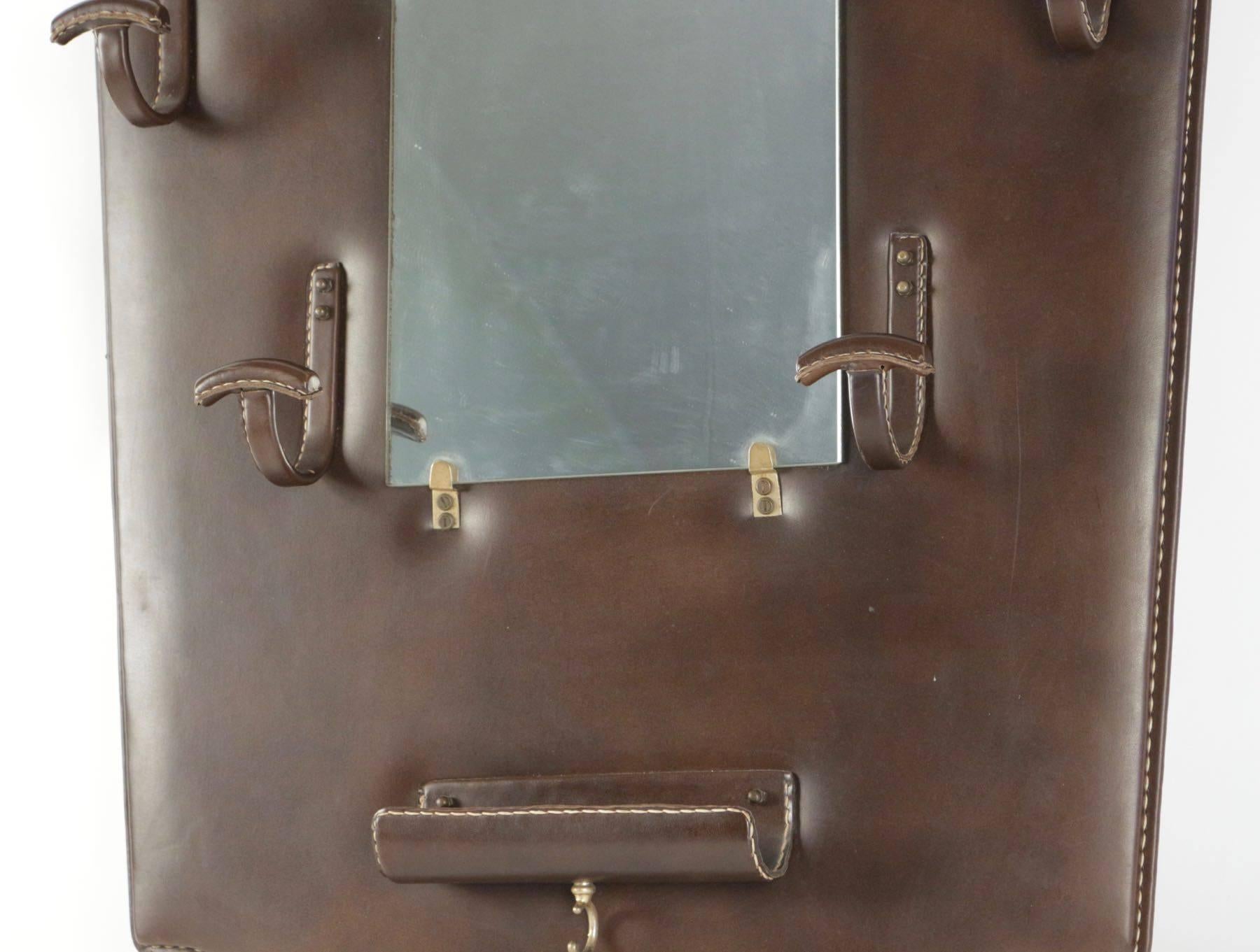 French Jacques Adnet 1950s Brown Mirror Coat Rack For Sale