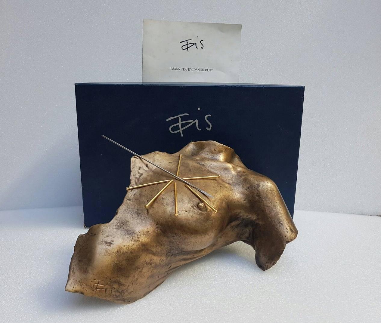 Takis Vassilakis
"Magnetic evidence, 1983"
Bronze sculpture with a gilded patina
Signed "Takis" 
Bears the Artcurial Edition stamp
The model is dated 1991 
Numbered 0492/ 1000 III
Complete with its book and original