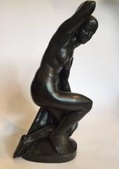 Popineau 1930s Art Deco Large Bronze Sculpture "Draped Naked Young Woman"