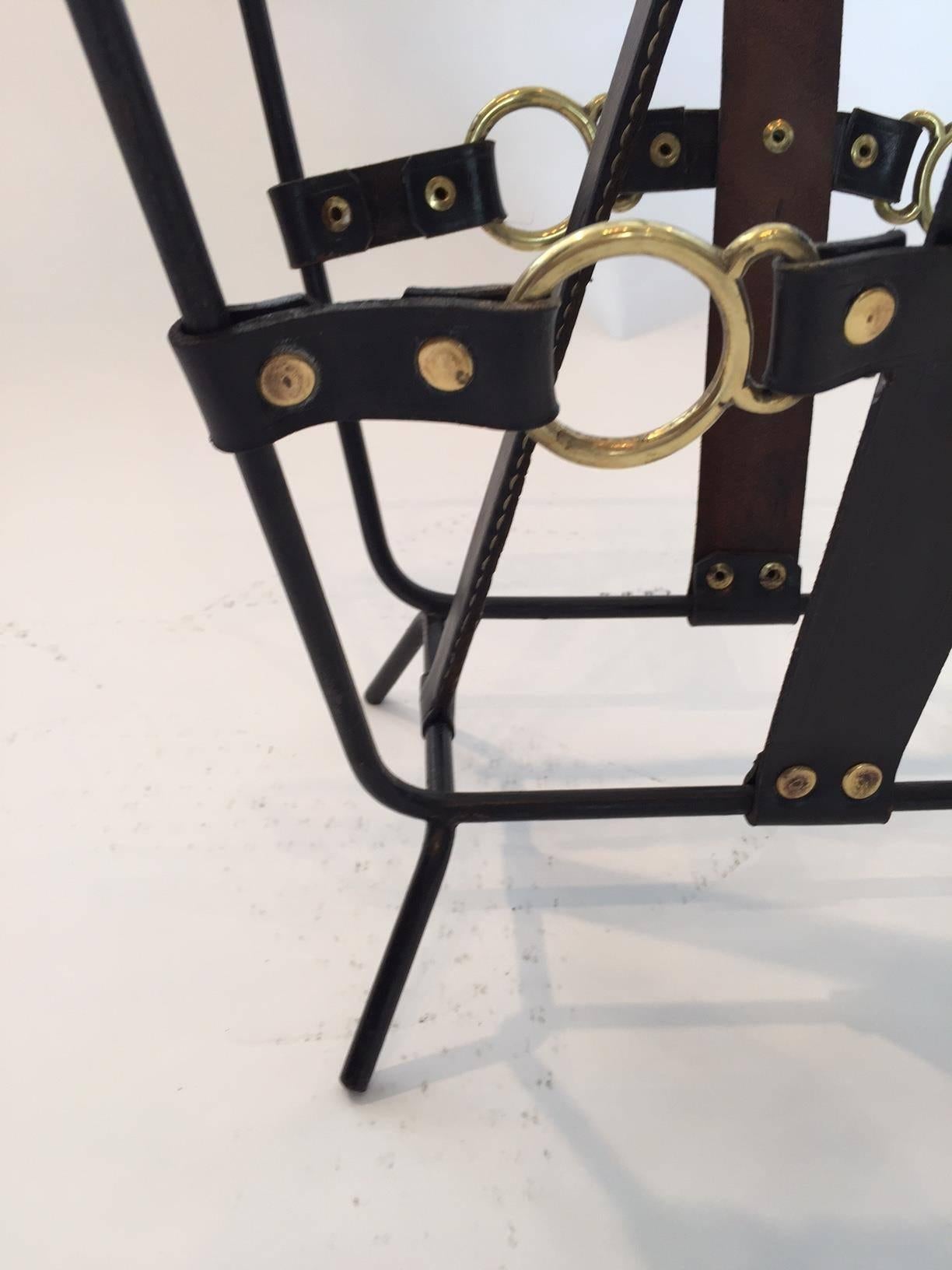 Mid-20th Century Jacques Adnet 1950s Black Leather Magazine Rack