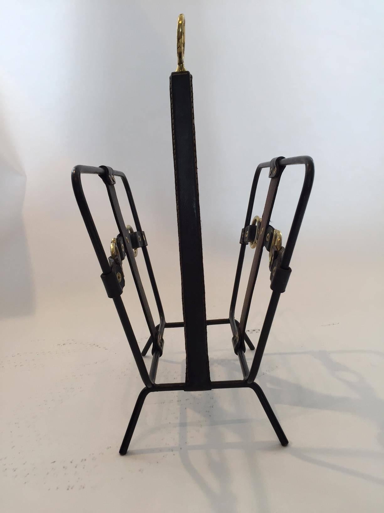 French Jacques Adnet 1950s Black Leather Magazine Rack