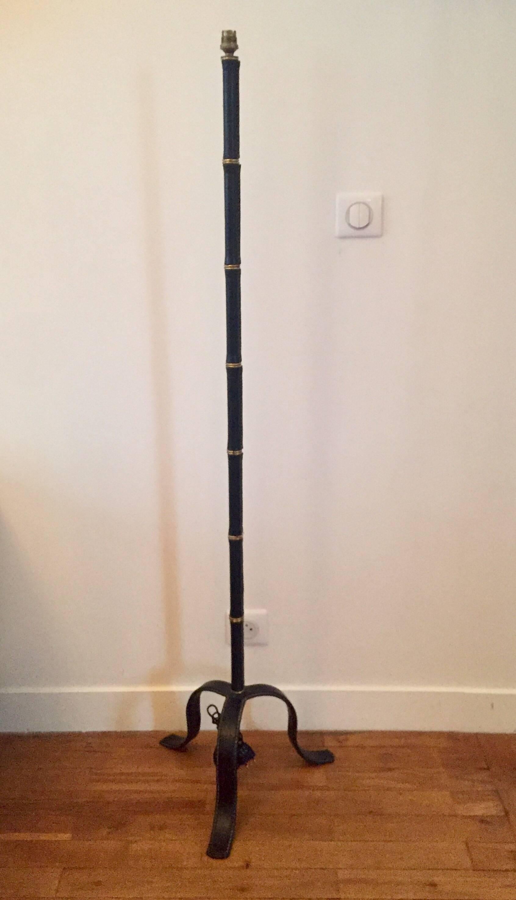 French Jacques Adnet, 1950s Black Leather Floor Lamp For Sale