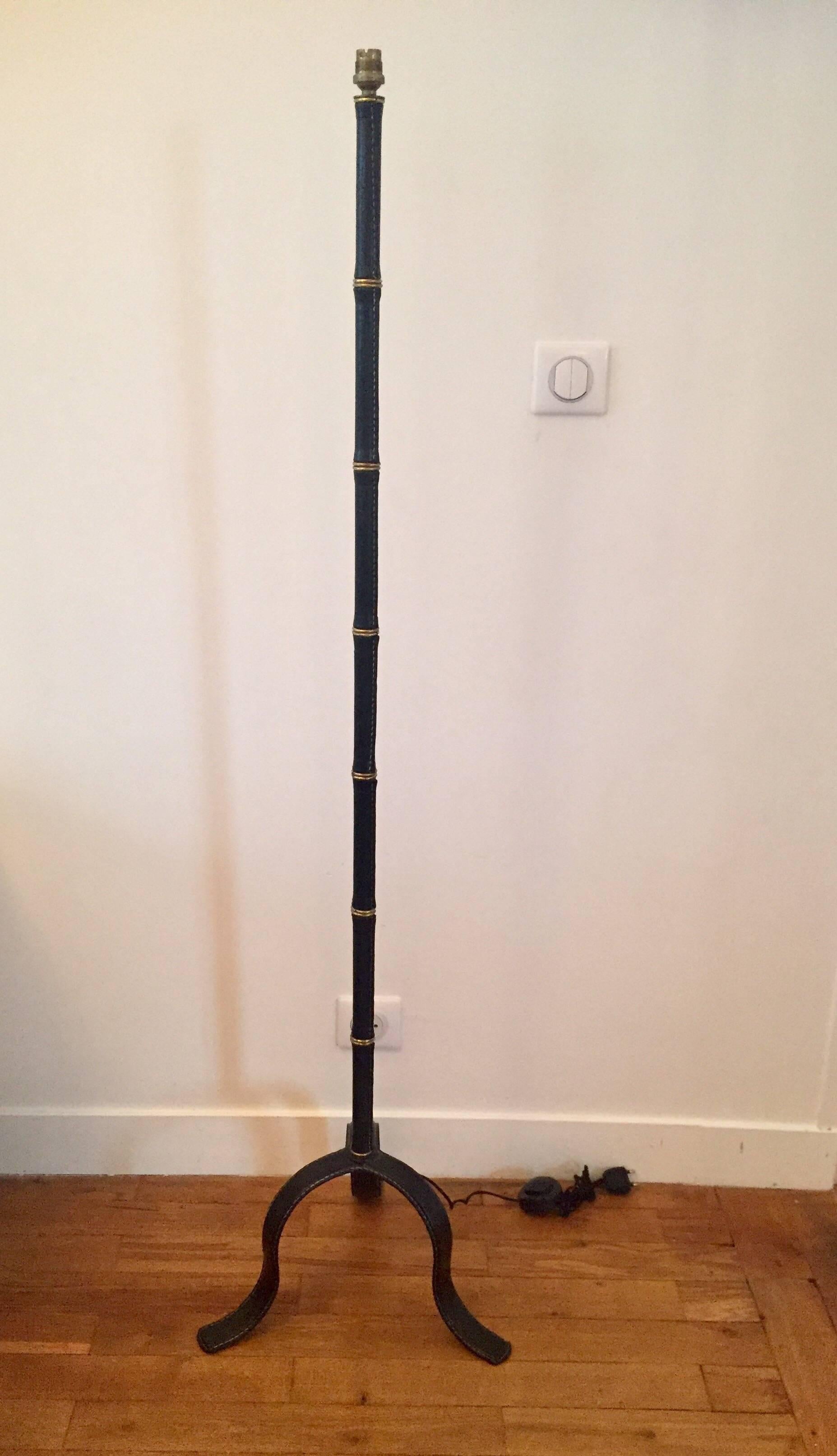 Jacques Adnet, 1950s Black Leather Floor Lamp In Good Condition For Sale In Saint-Ouen, FR