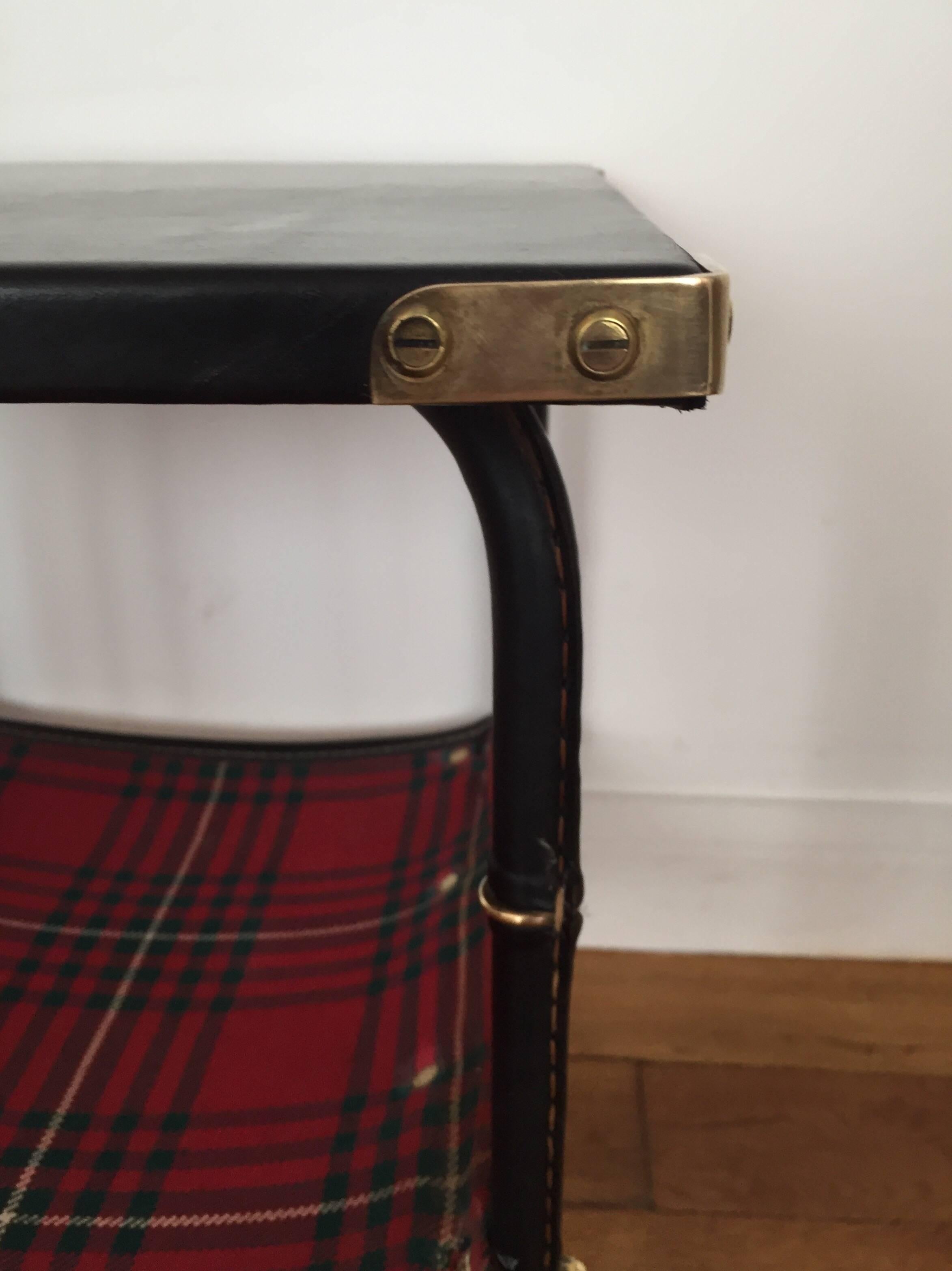 Jacques Adnet 1950s Black Leather and Tartan Fabric Side Table 