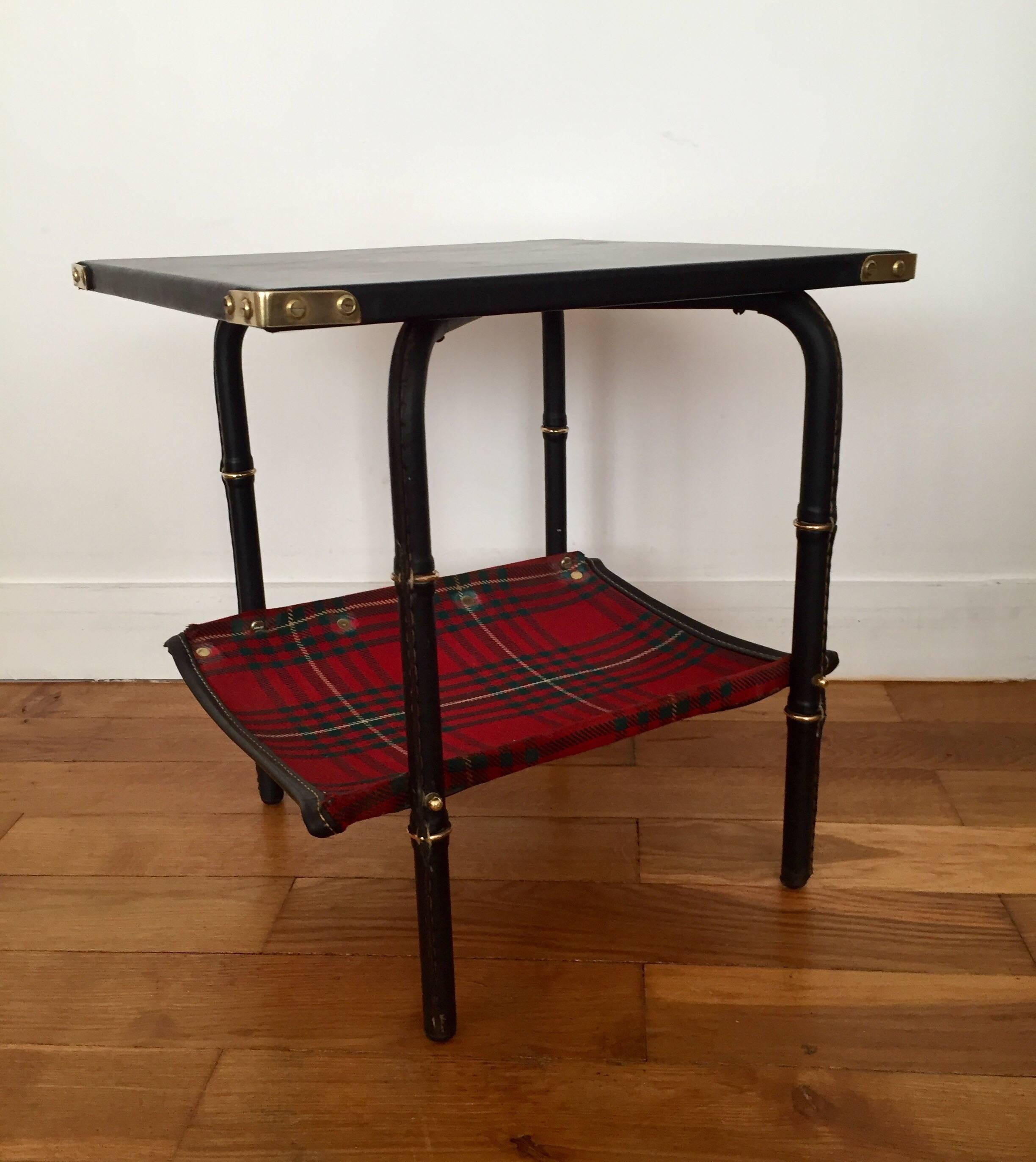 French Jacques Adnet 1950s Black Leather and Tartan Fabric Side Table 