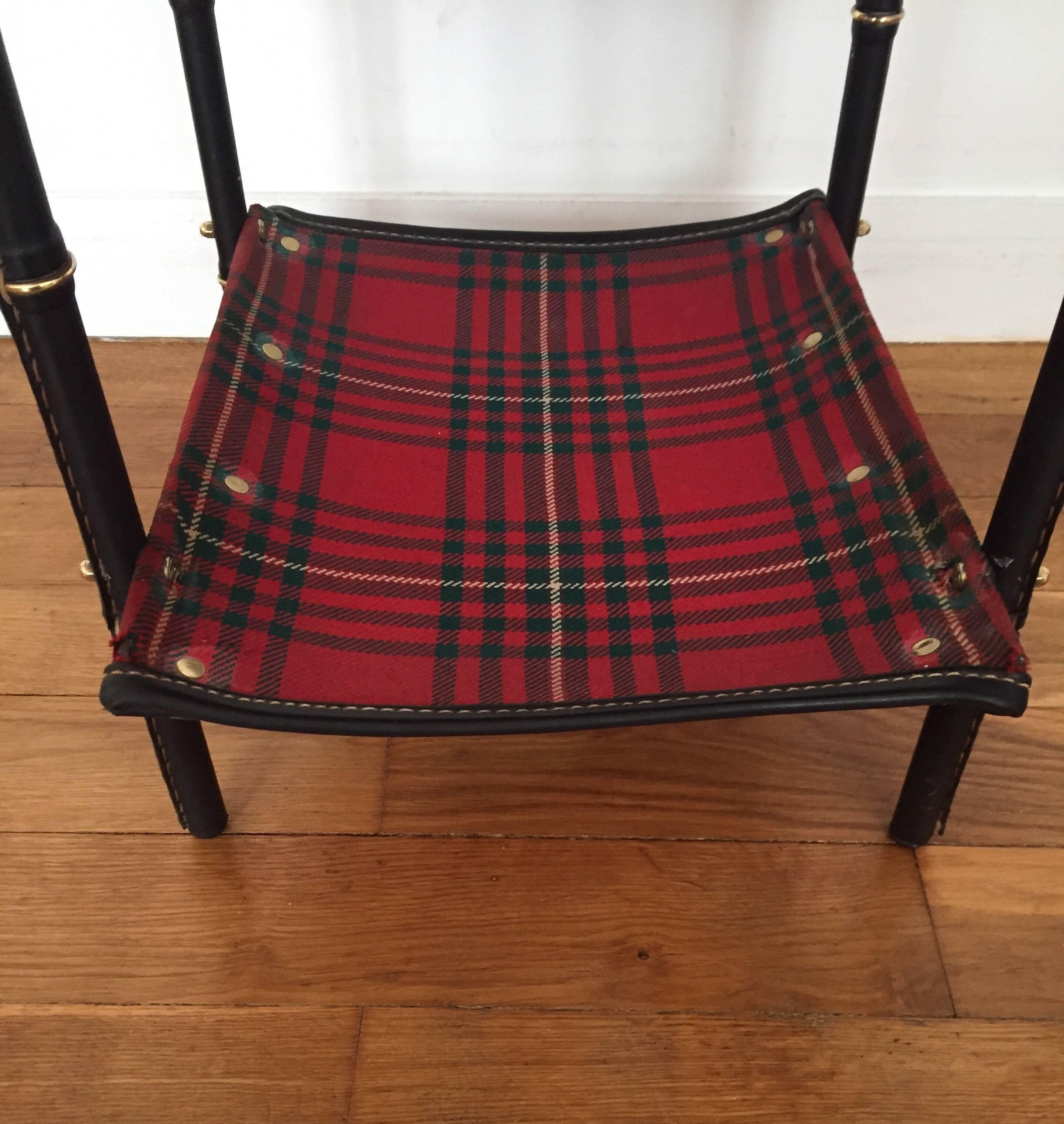 Jacques Adnet 1950s Black Leather and Tartan Fabric Side Table 
