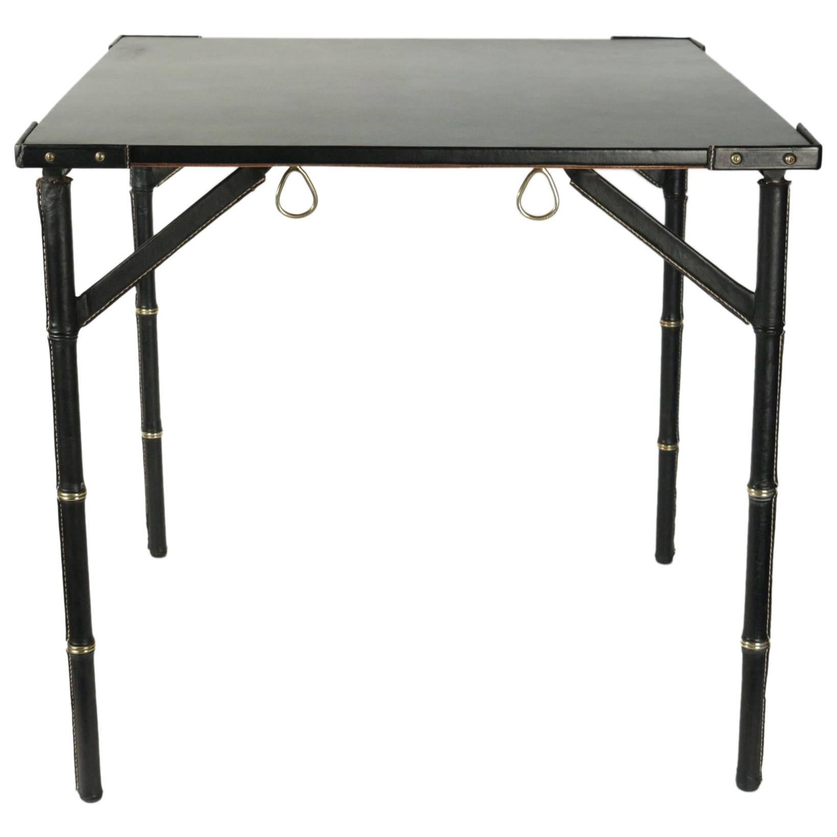 Jacques Adnet 1950s Black Leather Folding Game Table For Sale