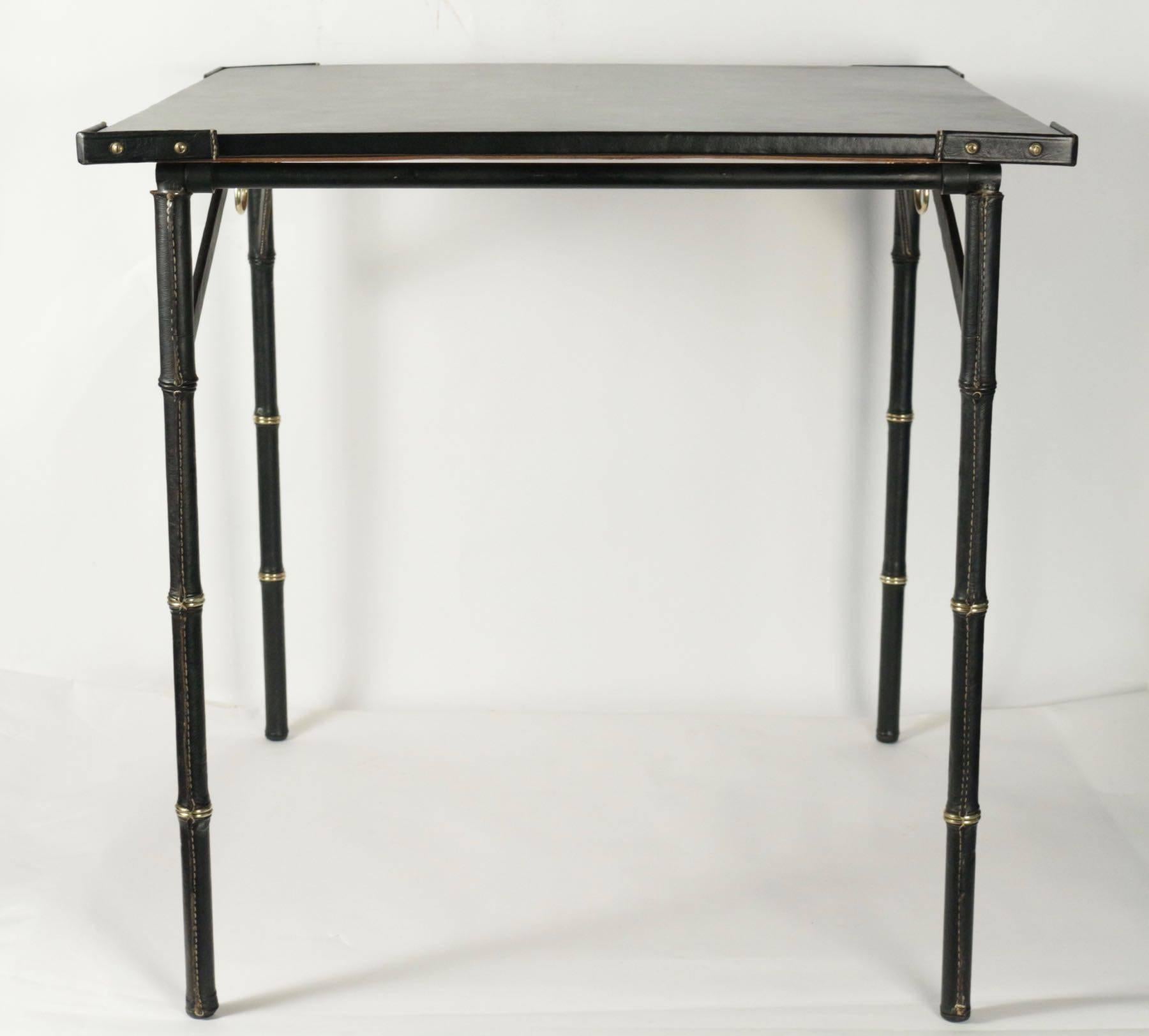 French Jacques Adnet 1950s Black Leather Folding Game Table For Sale