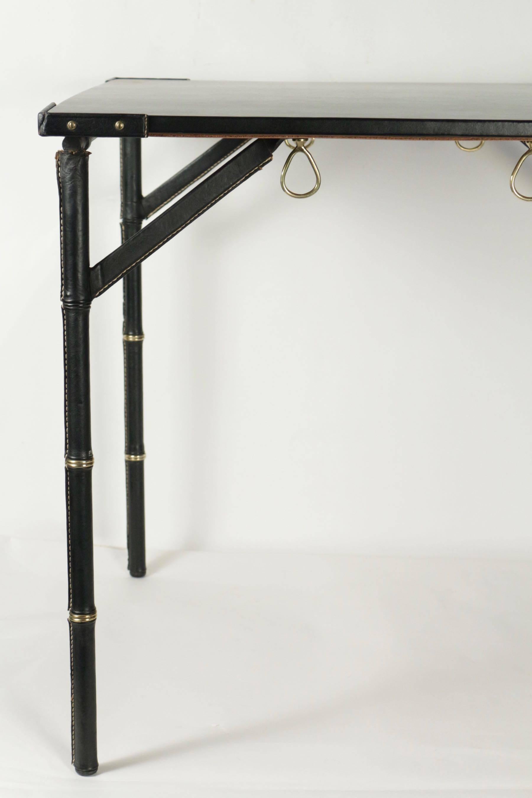 Jacques Adnet 1950s Black Leather Folding Game Table In Good Condition For Sale In Saint-Ouen, FR