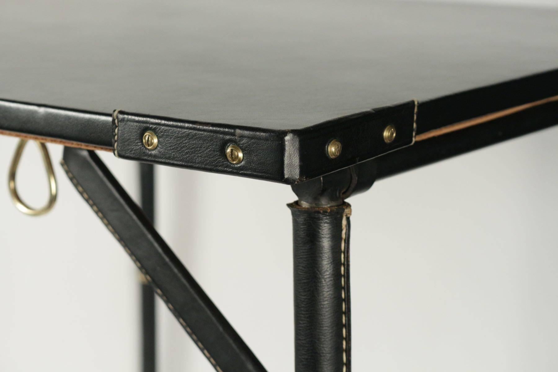 Mid-20th Century Jacques Adnet 1950s Black Leather Folding Game Table For Sale