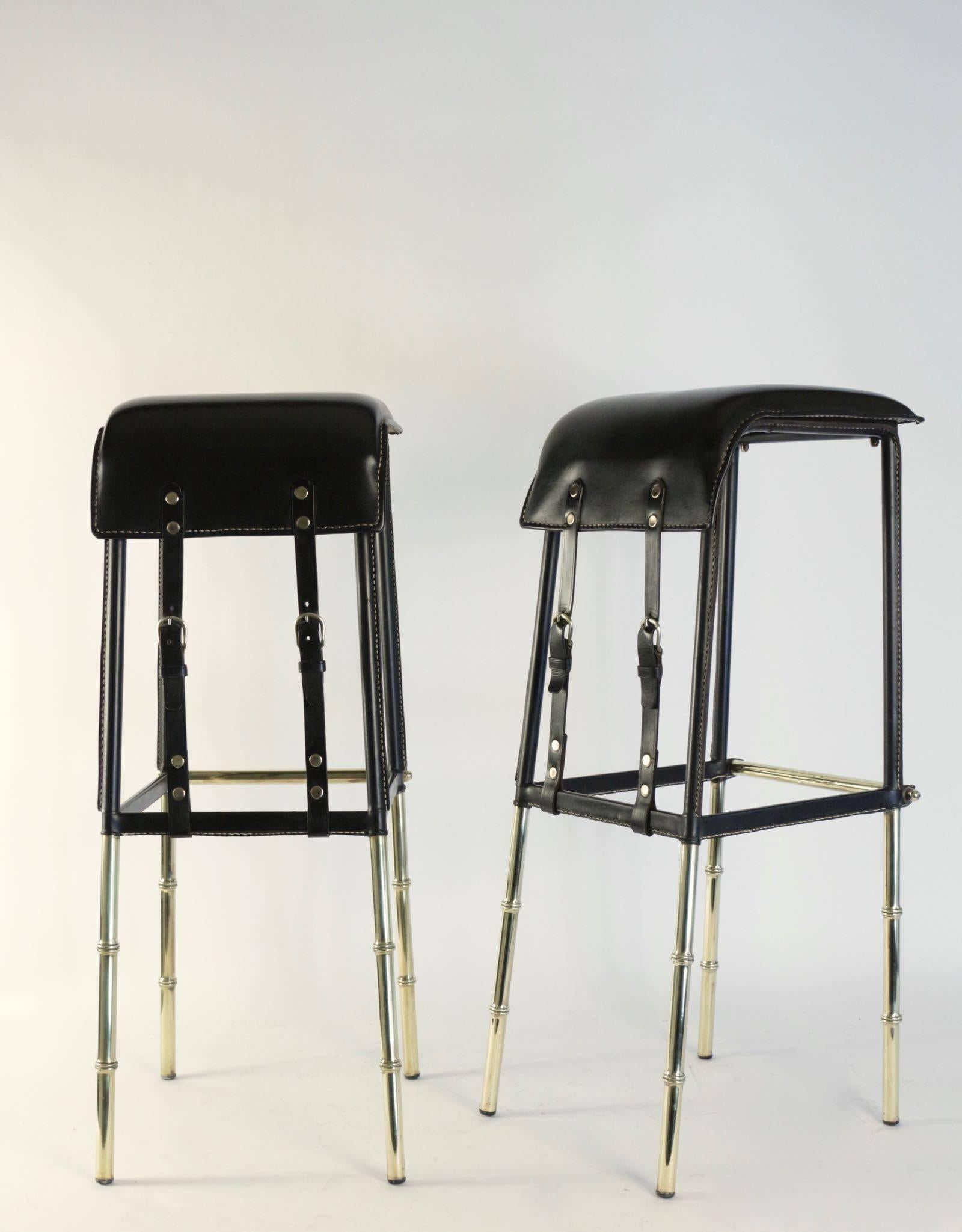 French Jacques Adnet 1950s Black Bamboo Bar and Two Bar Stools For Sale