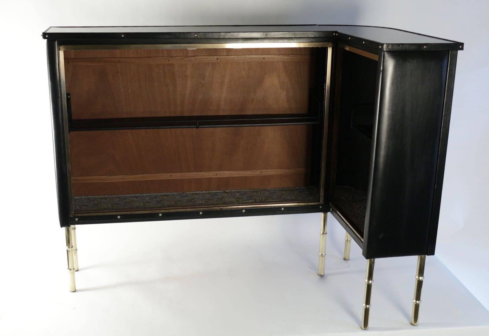 Jacques Adnet 1950s Black Bamboo Bar and Two Bar Stools For Sale 4