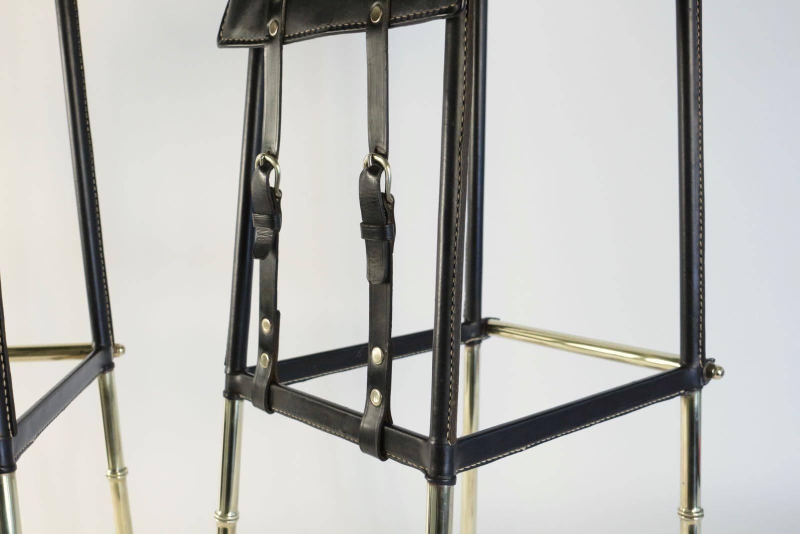 Mid-20th Century Jacques Adnet 1950s Black Bamboo Bar and Two Bar Stools For Sale