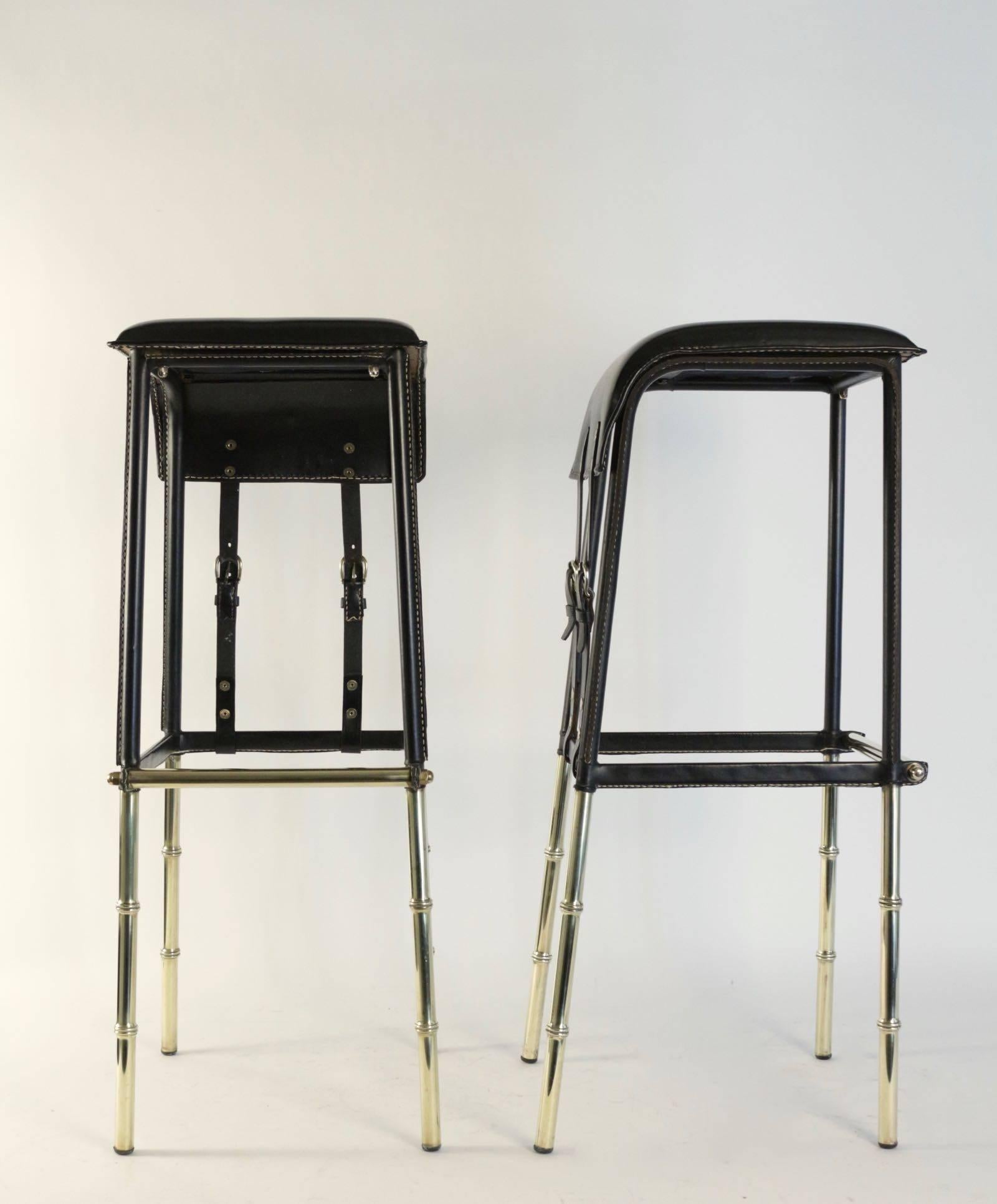 Jacques Adnet 1950s Black Bamboo Bar and Two Bar Stools In Good Condition For Sale In Saint-Ouen, FR