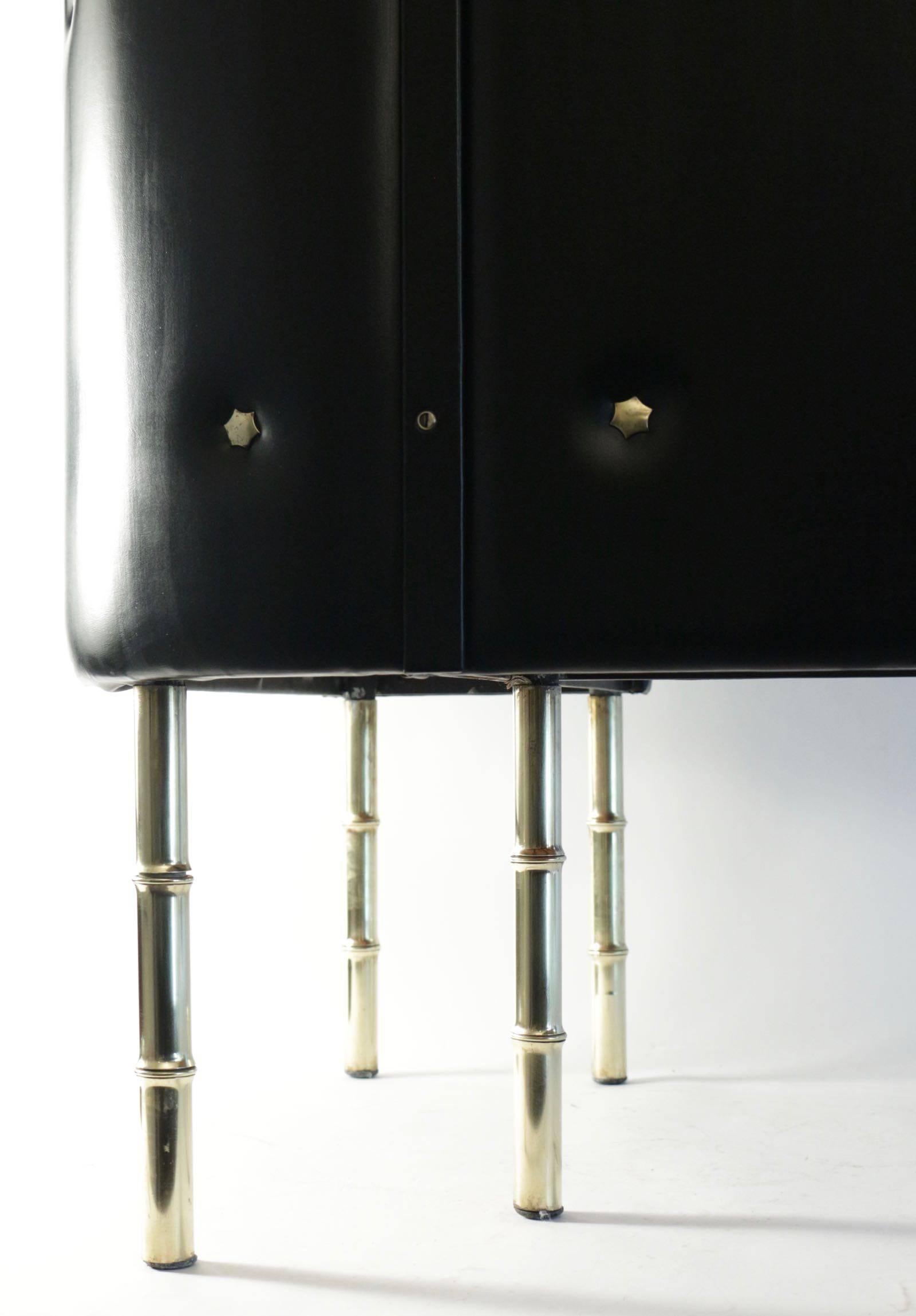Jacques Adnet 1950s Black Bamboo Bar and Two Bar Stools For Sale 3