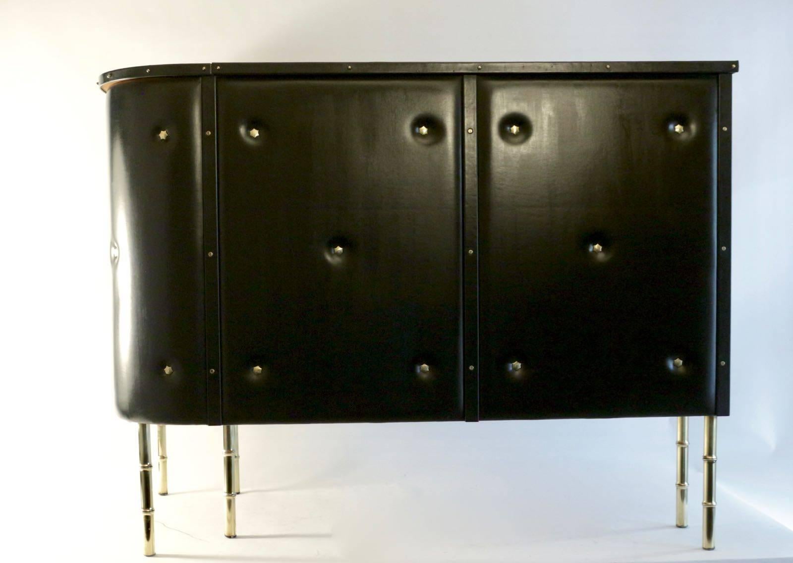 Metal Jacques Adnet 1950s Black Bamboo Bar and Two Bar Stools For Sale