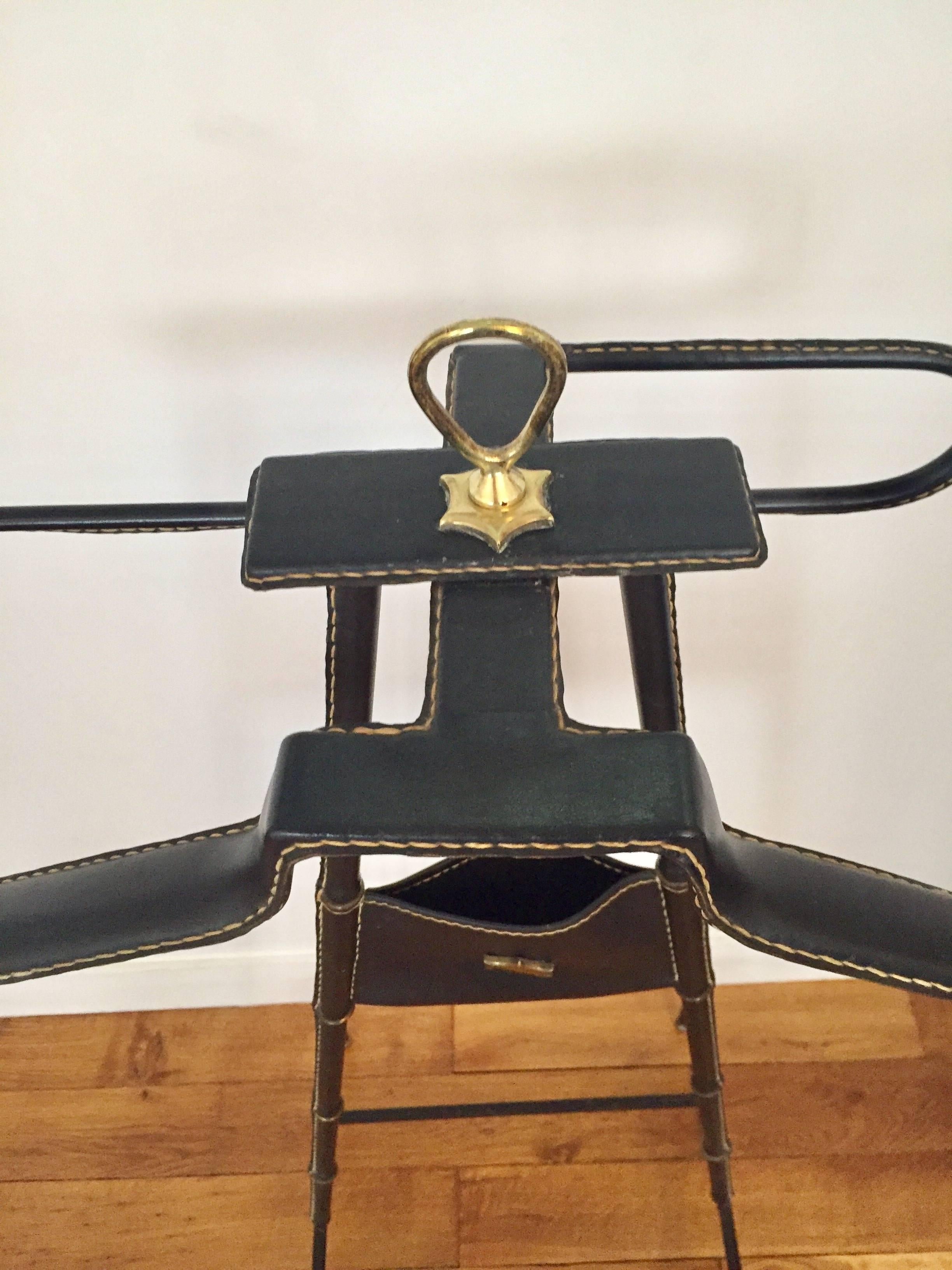 French Rare 1950s Jacques Adnet Black Leather Valet