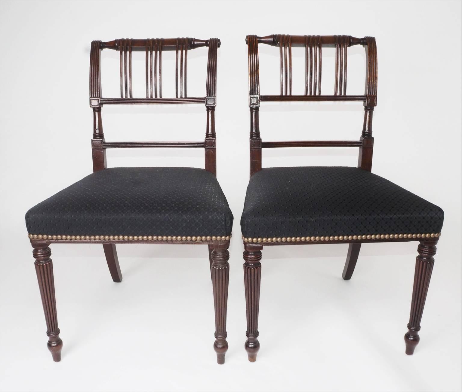 Pair of fine quality mahogany chairs with later horse hair upholstery, by Gillows. The design of these chairs closely relates to the 'Denison' pattern which was introduced in 1802. See 