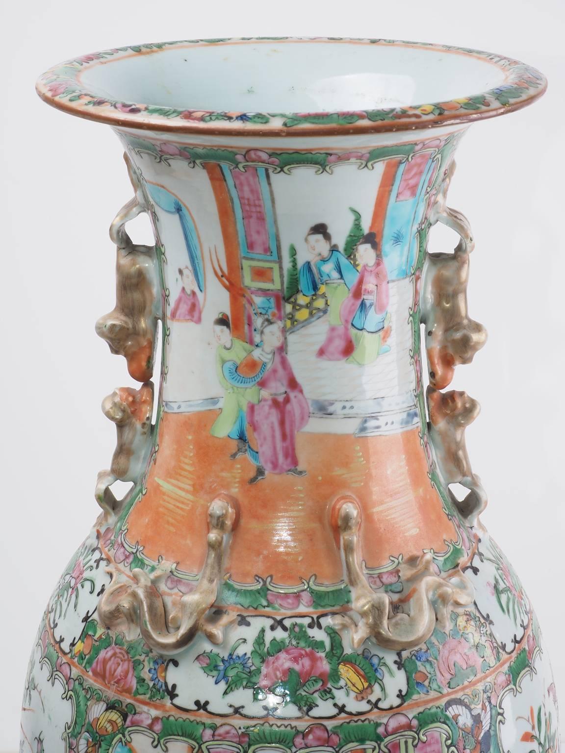 Chinese Pair of Cantonese Enameled Porcelain Vases For Sale