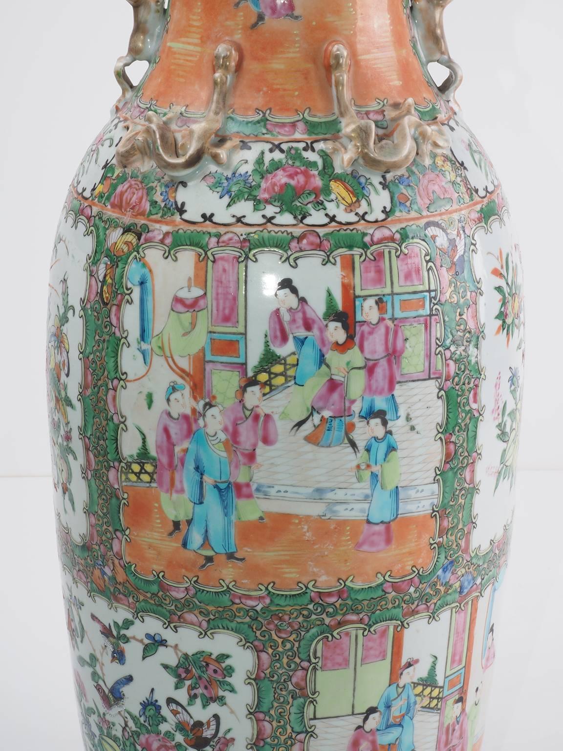 Pair of Cantonese Enameled Porcelain Vases In Excellent Condition For Sale In Fremantle, W.Australia
