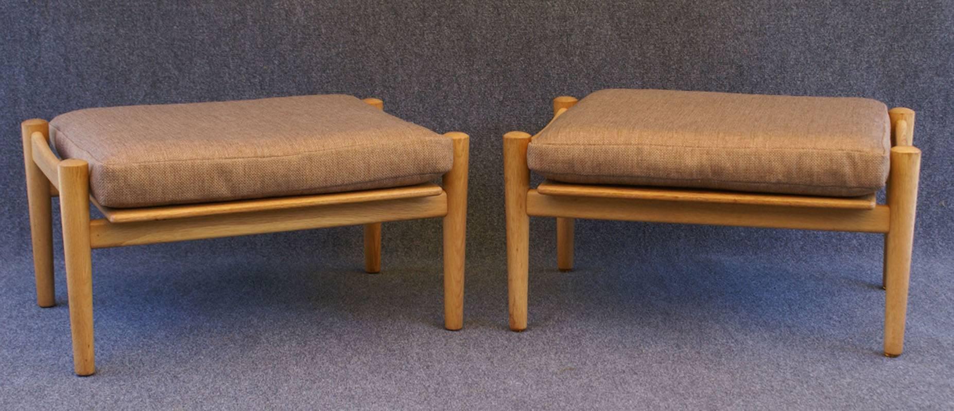 Danish Pair of High Back Oak GE530 Chairs with Ottomans by Hans J. Wegner for GETAMA