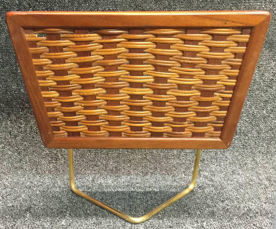 Very unusual Mid-Century music or letter/paper stand, in classic Scandinavian style of solid teak, brass and woven wicker.