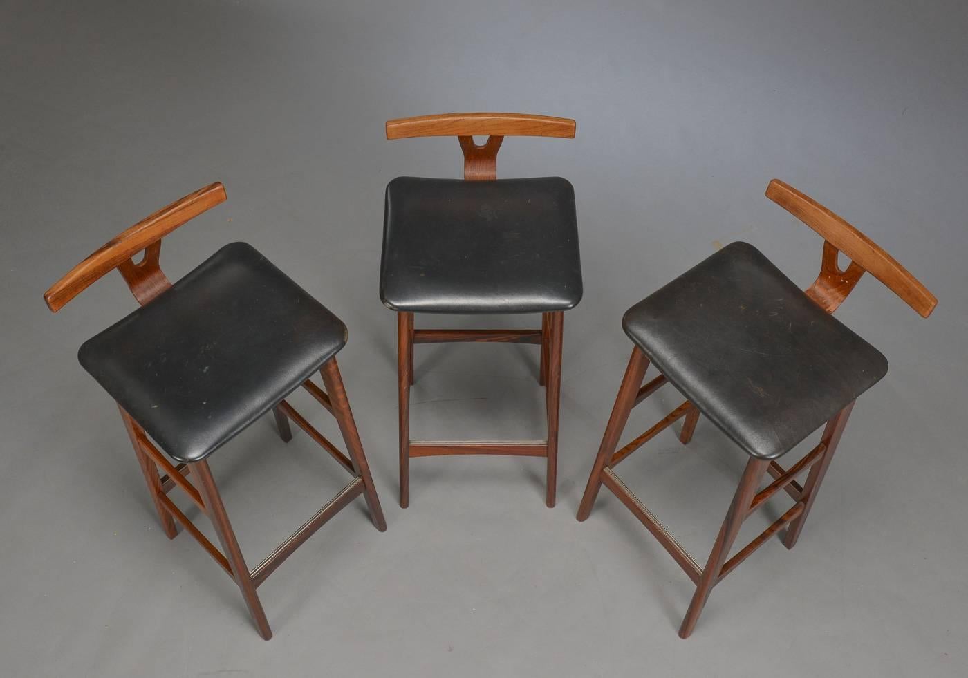 Very nice set of three bar stools in rosewood by Erik Buch of Denmark.