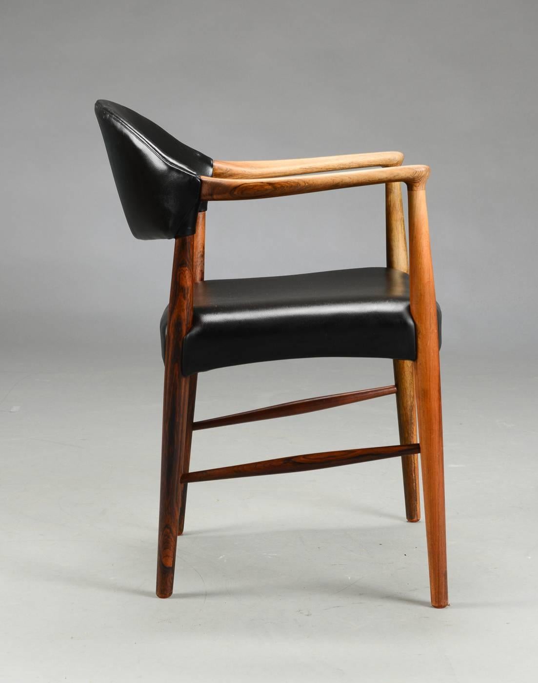 Mid-Century Modern Rosewood and Black Leather Armchair/Desk Chair by Kurt Olsen