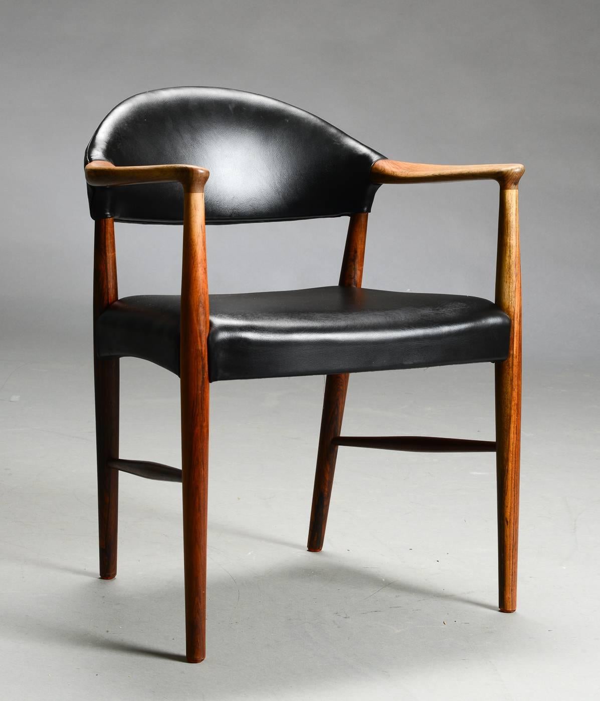 Rosewood and Black Leather Armchair/Desk Chair by Kurt Olsen In Good Condition In Little Burstead, Essex