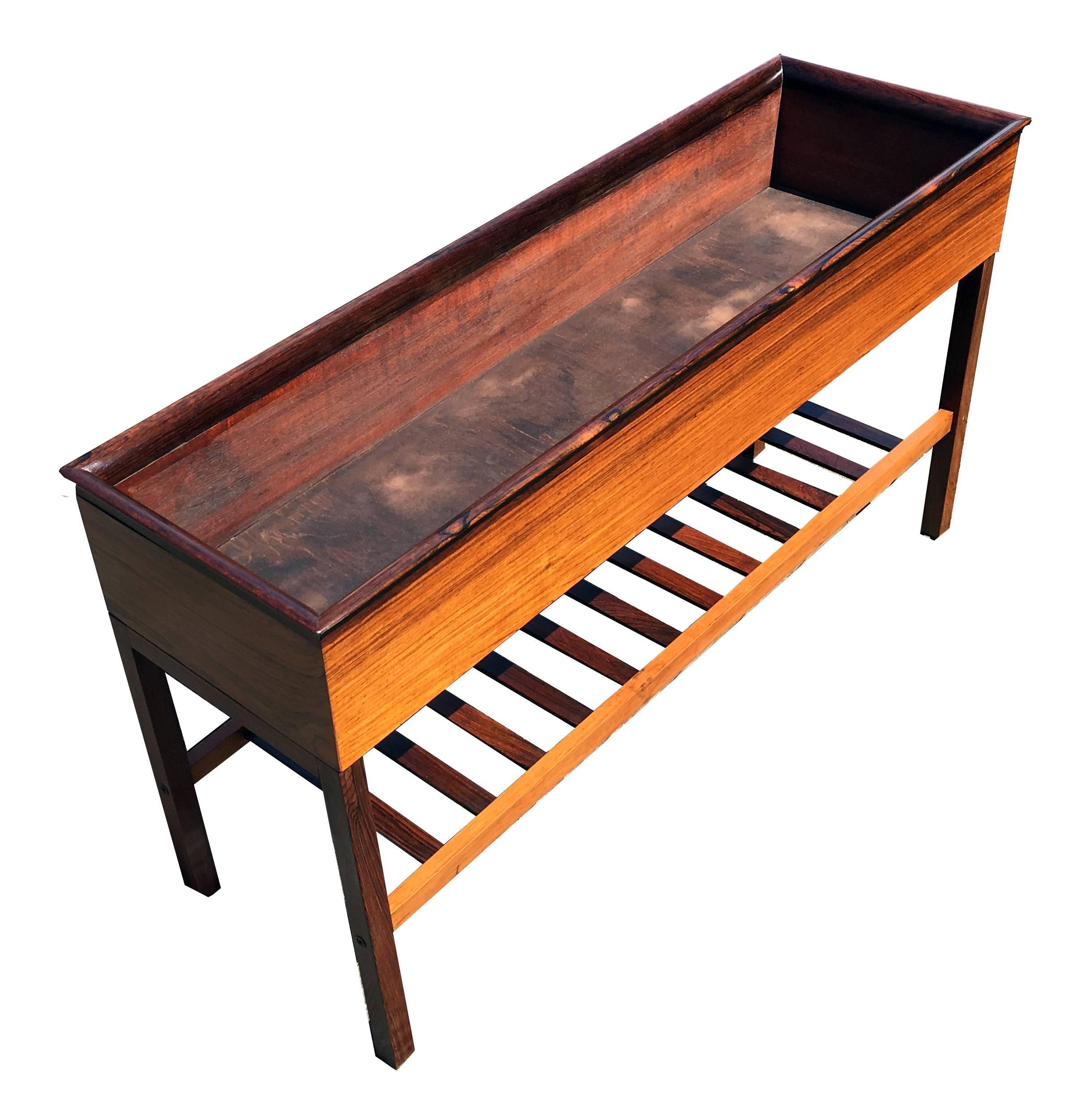 Mid-Century Modern Danish Rosewood Planter with Metal Liner and Slatted Undertier