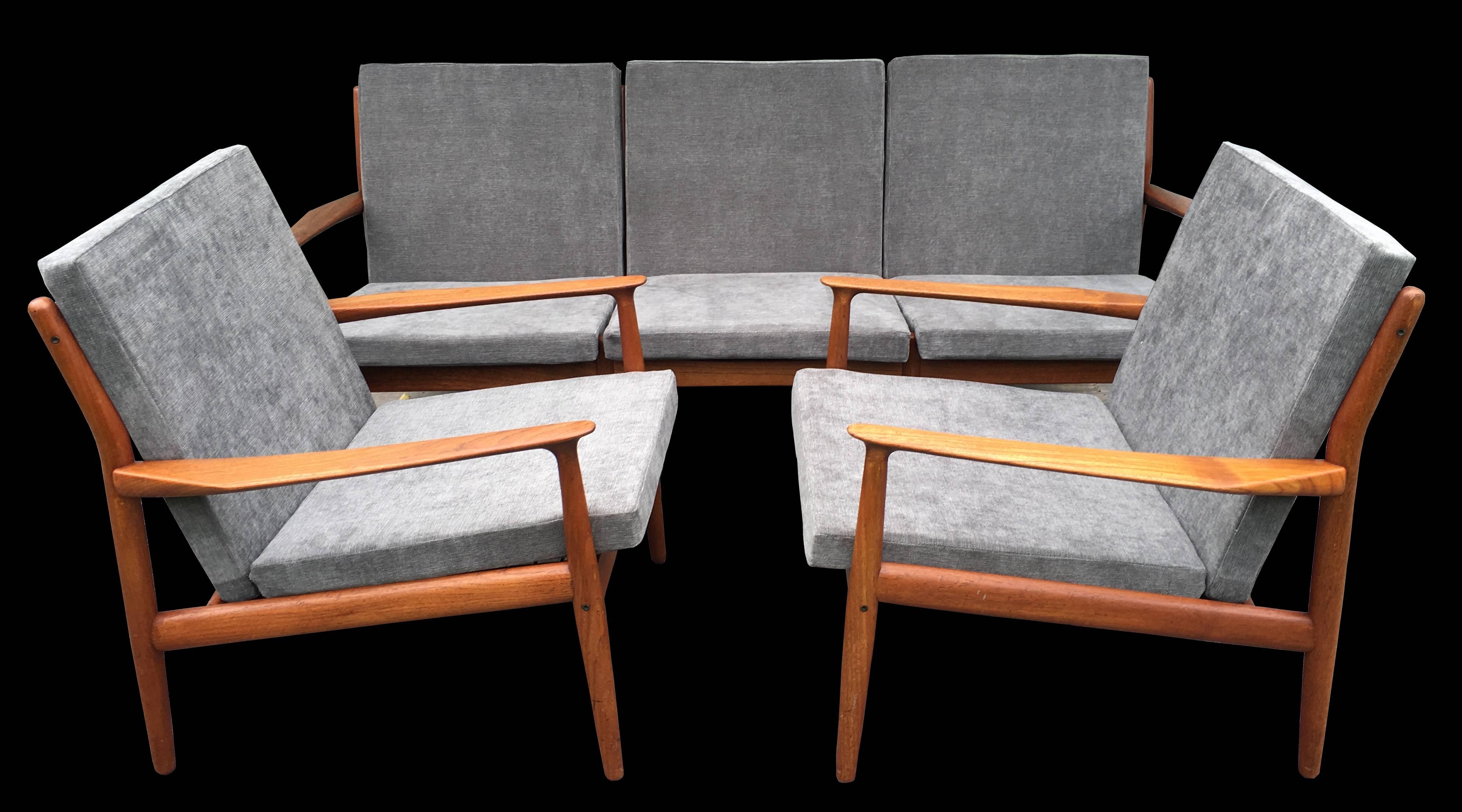 Mid-Century Modern Danish Three-Seat Sofa and Pair of Armchairs in Teak by Greta Jalk
