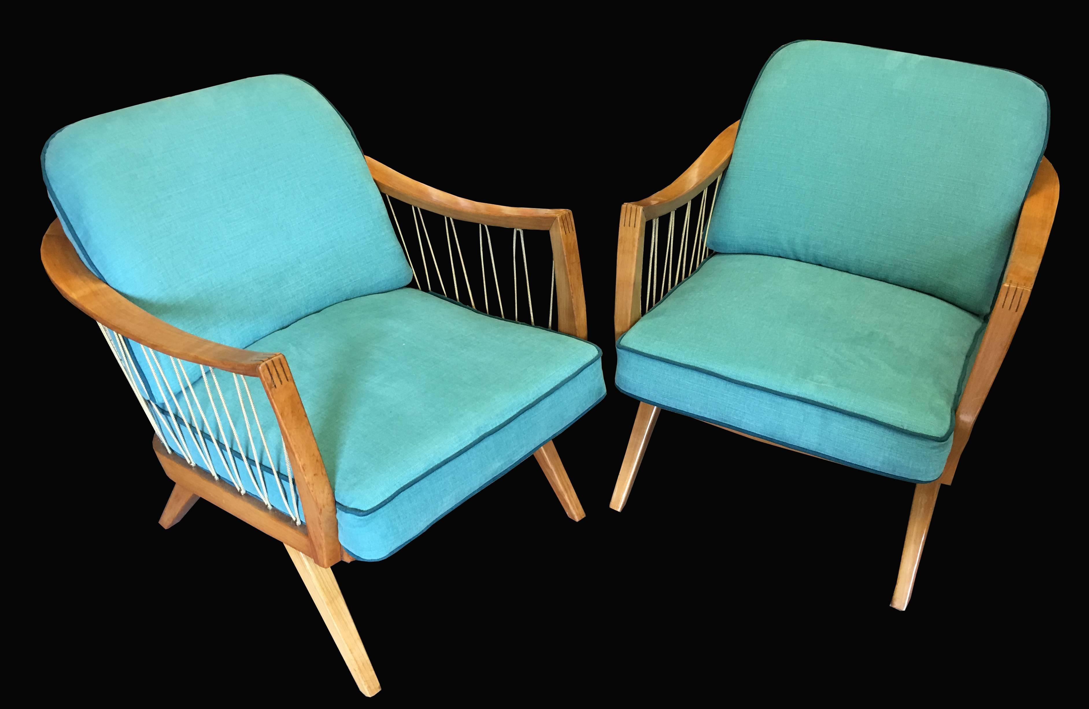 A fabulous pair of generous proportion lounge chairs, very unusual design, and quite probably unique!
In great condition and with new upholstery.
