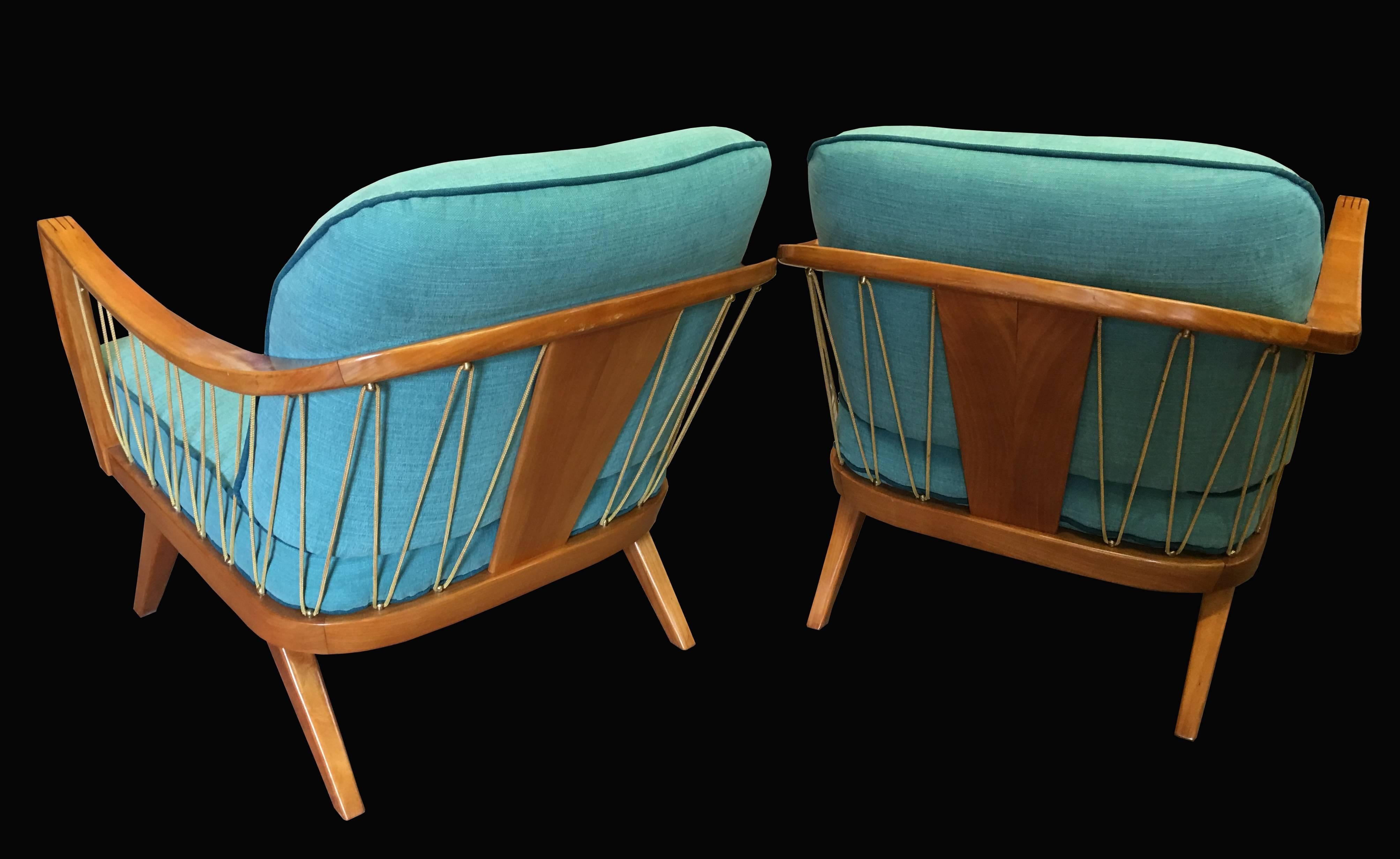 Mid-Century Modern Stunning Pair of Cherry Framed Midcentury Lounge Chairs
