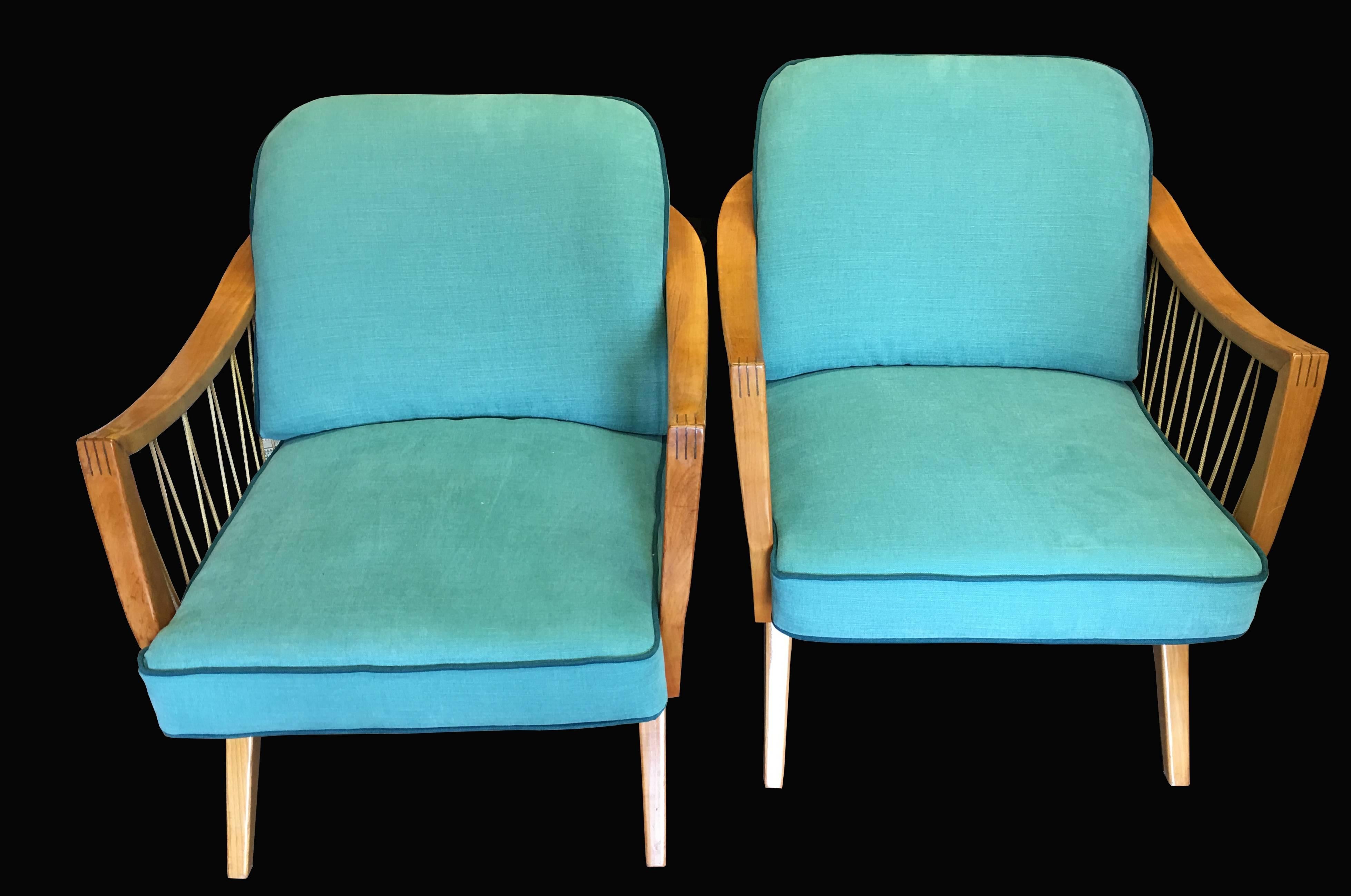Stunning Pair of Cherry Framed Midcentury Lounge Chairs In Excellent Condition In Little Burstead, Essex