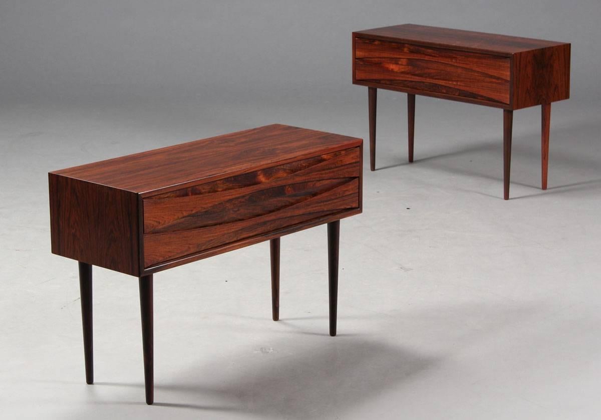 Stunning pair of rosewood low side tables, in beautiful rosewood and in fantastic condition. One has remnants of the N C Mobler label, and the other the full label in the top drawers.