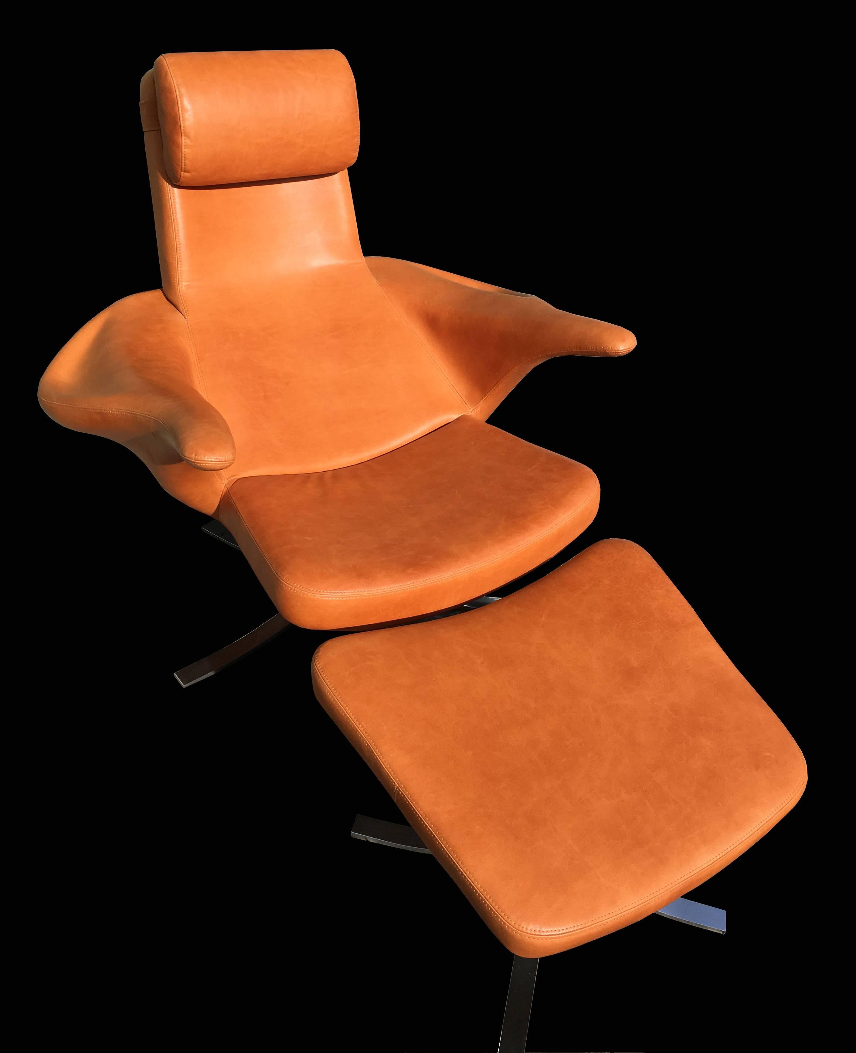 Mid-Century Modern Cognac Leather 'Seagull' Chair and Ottoman by Gosta Berg and Stenerik Eriksson 