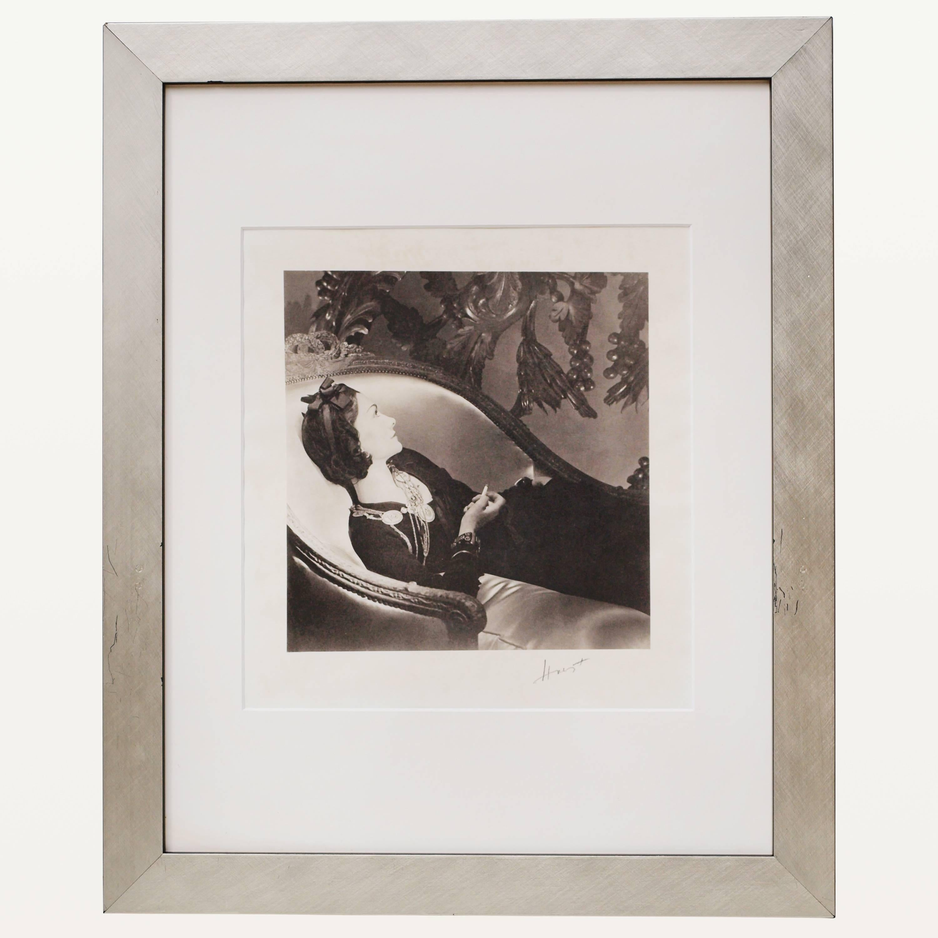 Title: Gabrielle coco chanel
Print: Platinum palladium print, printed on Strathmore cotton paper
Date: 1937, printed later
Signature: Signed Horst in Pencil on Recto and Vesrso

This portrait was created when chanel was at the height of her