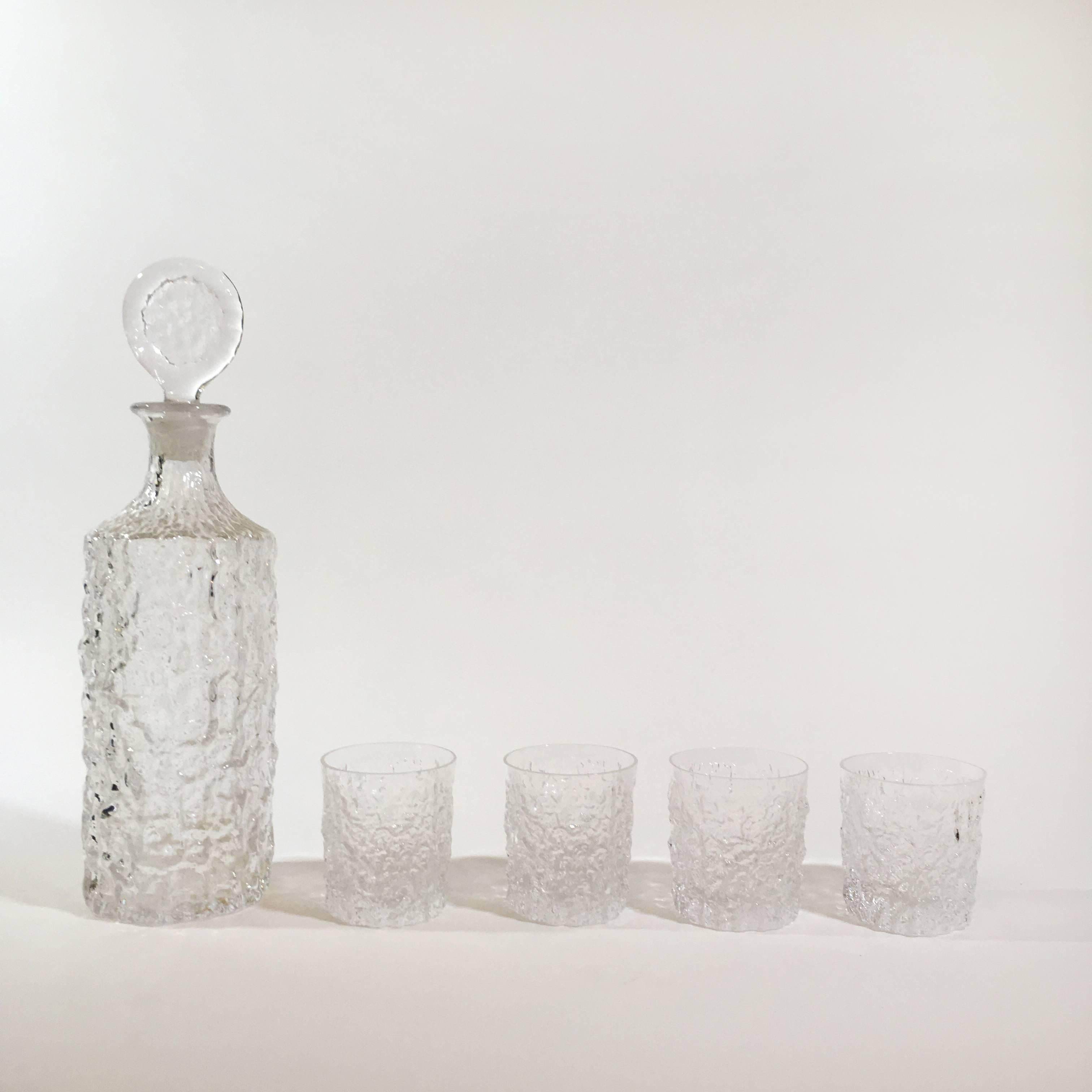 British 1970s Whitefriars Glacier Decanter with Four Rocks Glasses