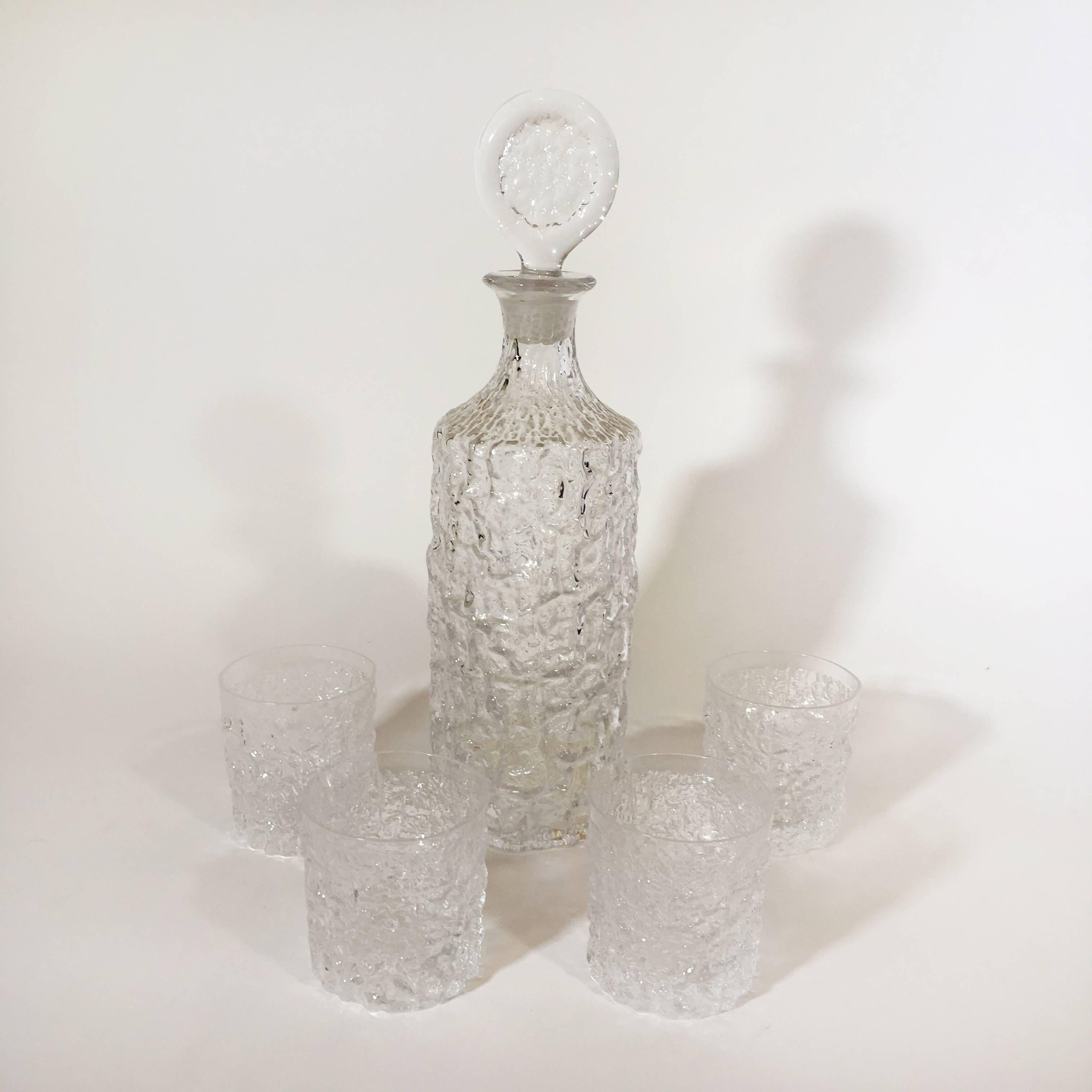 1970s Whitefriars Glacier Decanter with Four Rocks Glasses In Excellent Condition In London, GB