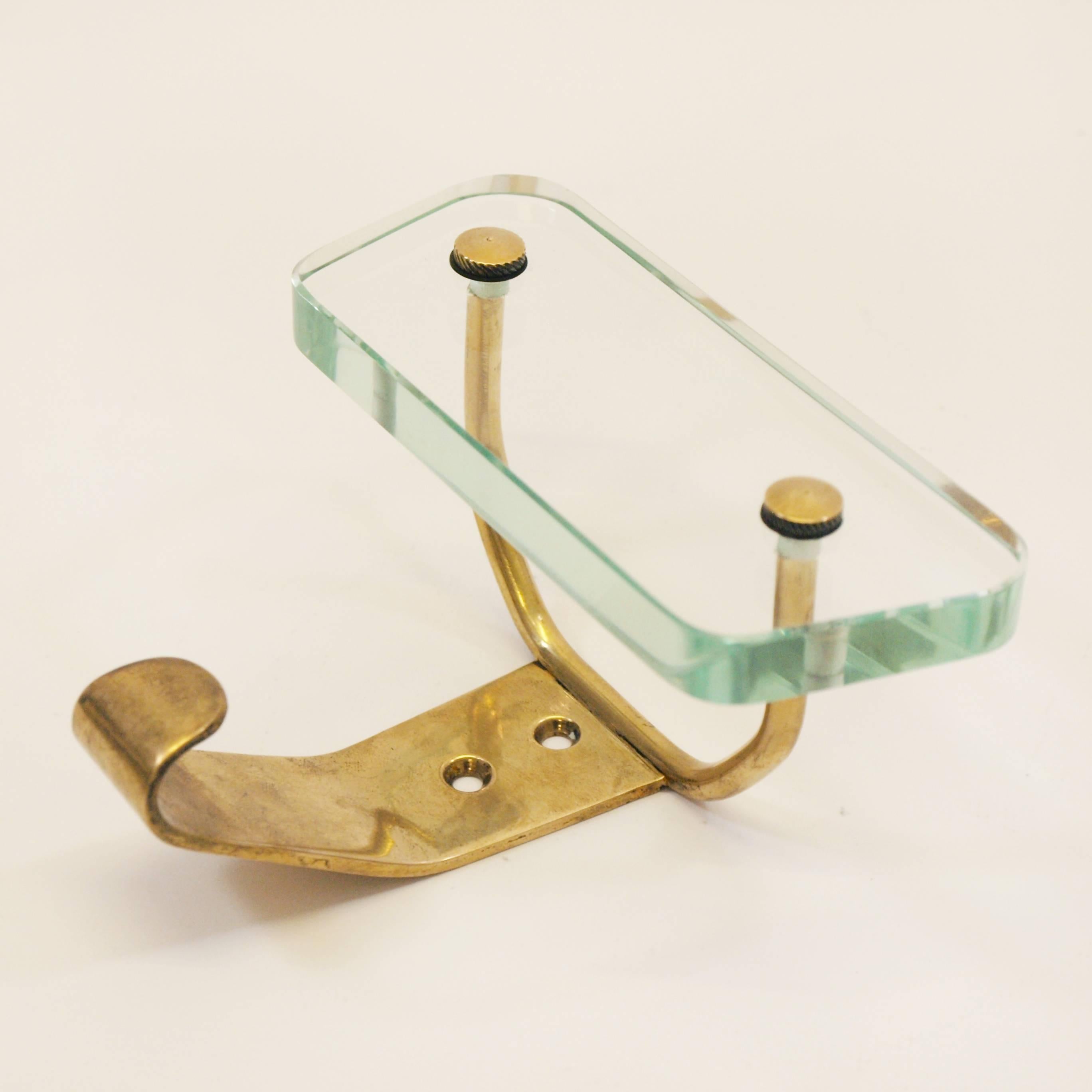 Mid-Century Modern  Brass and Glass Wall Hooks Attributed to Fontana Arte