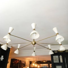 Striking 1950s Italian Chandelier with Brass Fixtures and Diablo Lampshades
