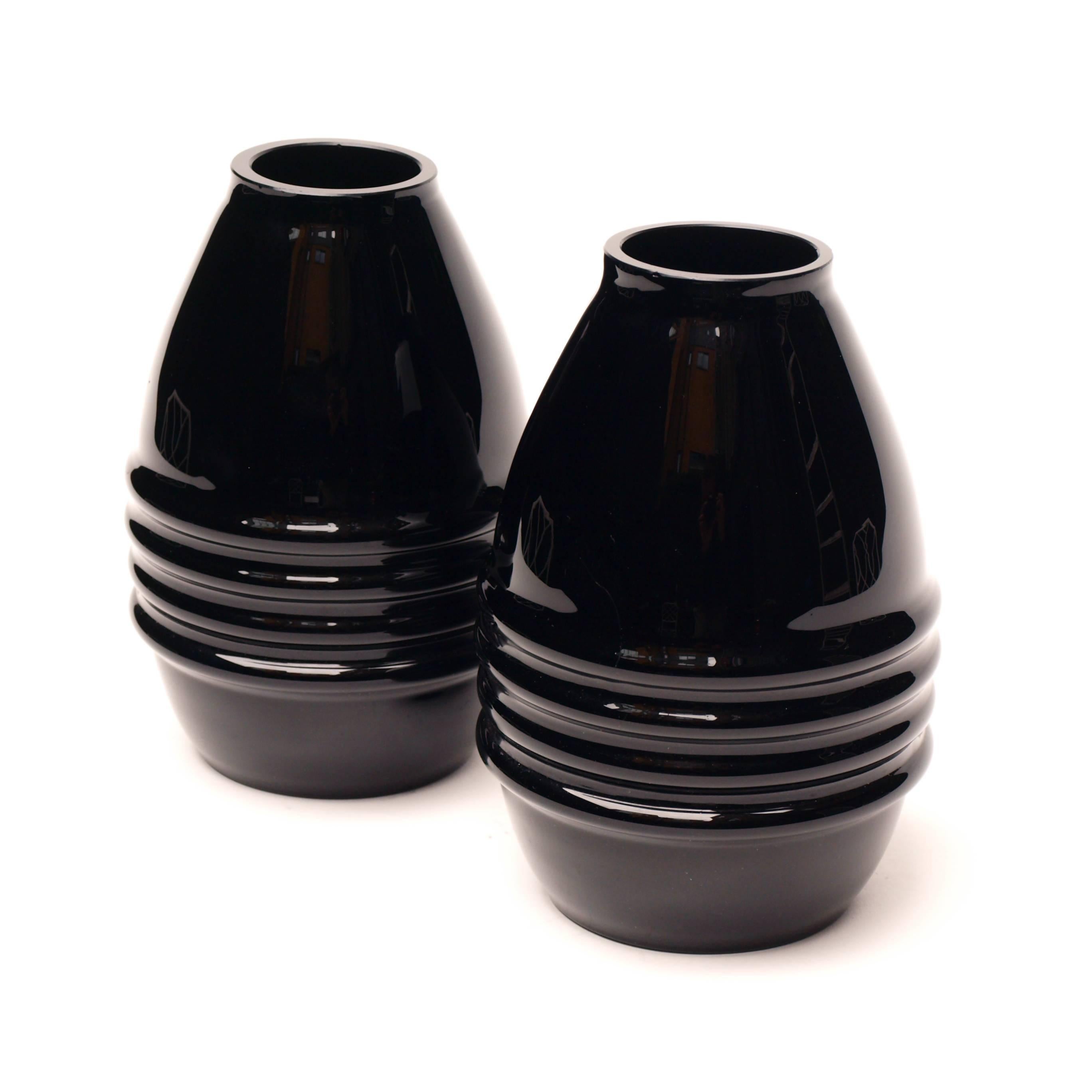 Mid-20th Century Pair of Black Opaline Vases Attributed to Jacques Adnet