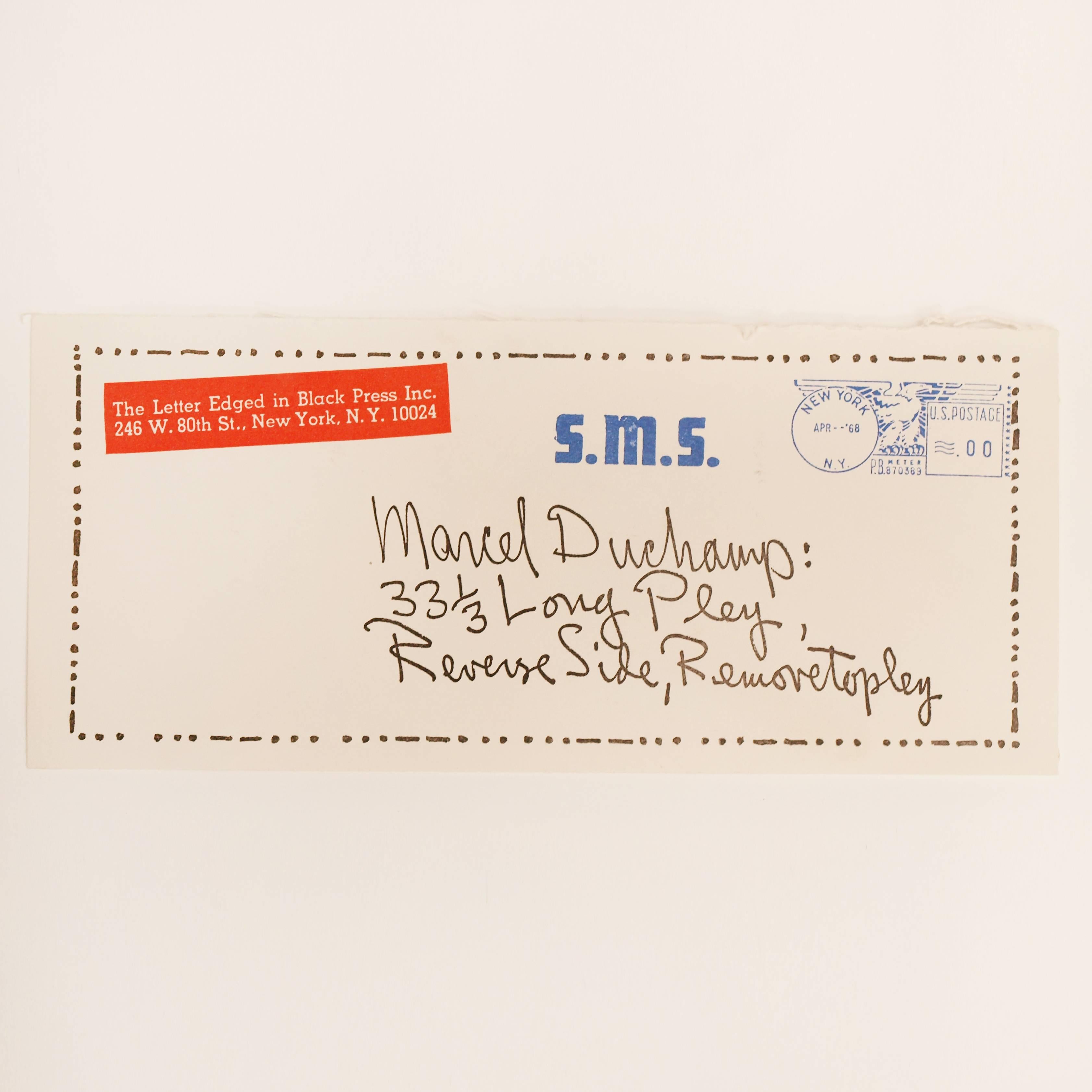 William M. Copley, Letter to Marcel Duchamp, 1968. An artwork created by William M. Copley, composed of an offset-litho printed facsimile envelope addressed to Marcel Duchamp and a wooden stick with ‘Eskimo’ printed on it. The ‘Eskimo’ is in