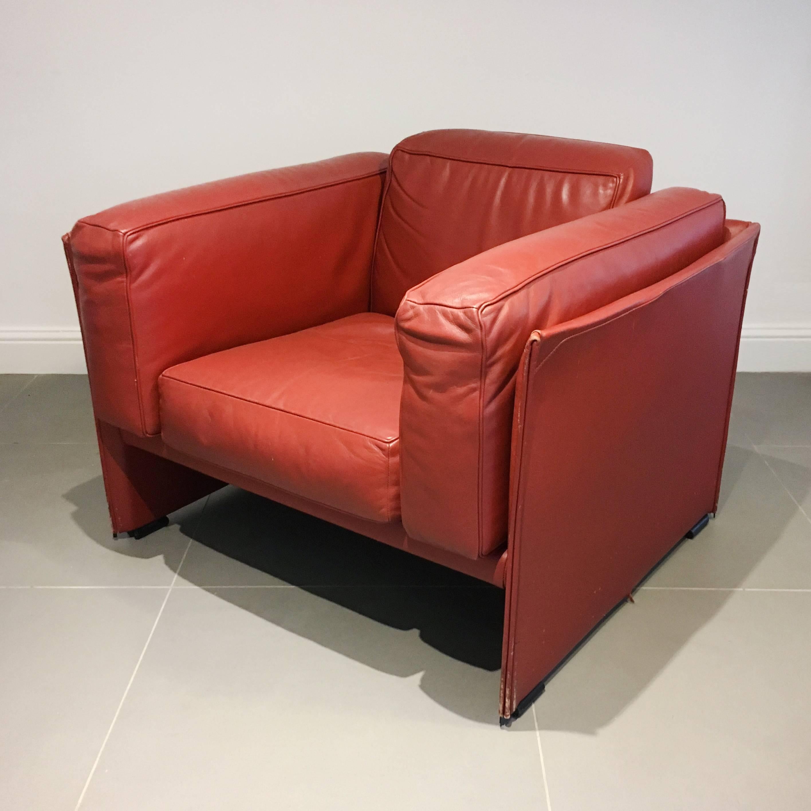 Italian Red Leather Cassina 405 Duc Armchair by Mario Bellini