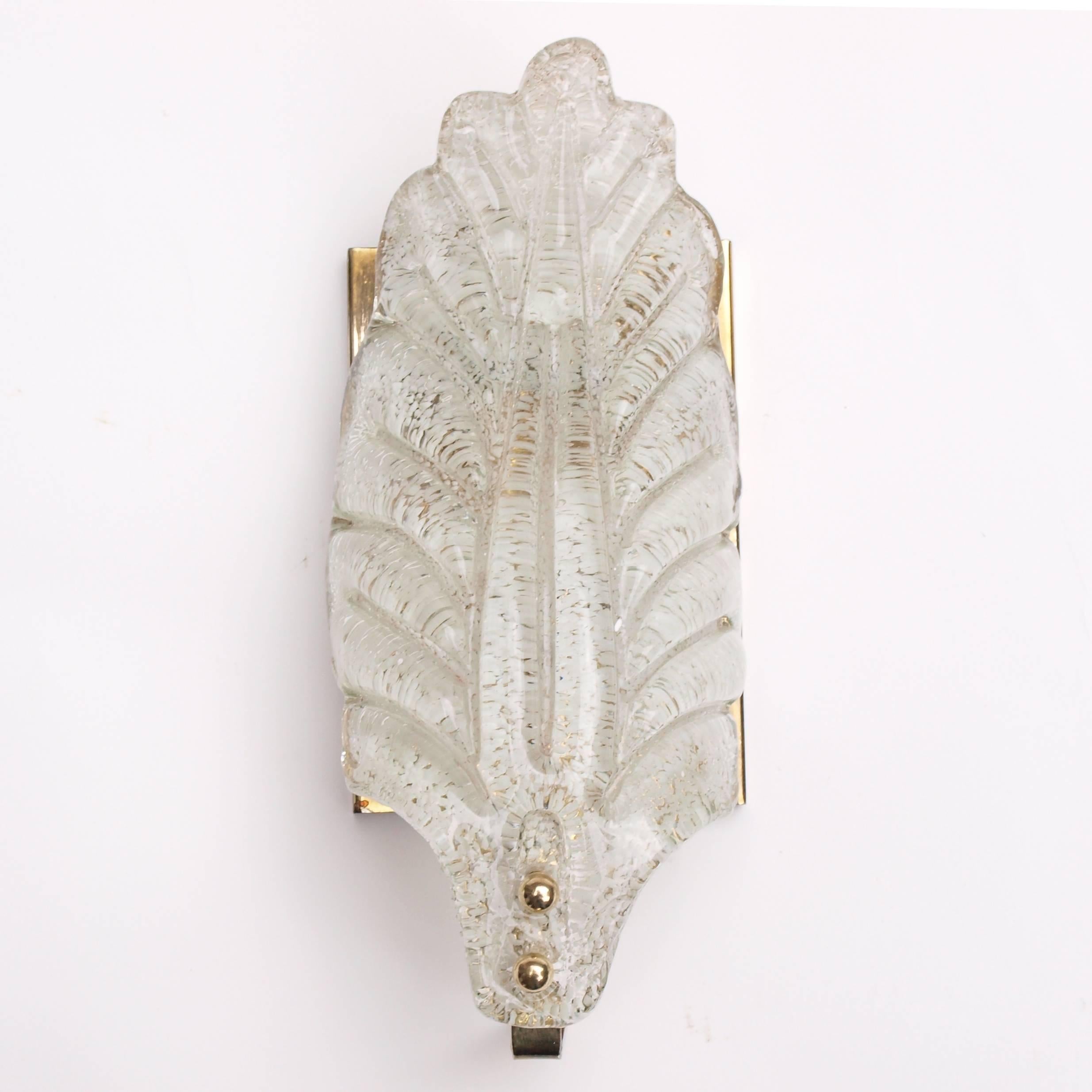 Italian Pair of 1950s Murano Glass and Brass Leaf Sconces