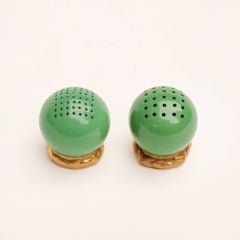 Pair of Green Ceramic, Gilded Royal Worcester Salt and Pepper Cruets, 1909